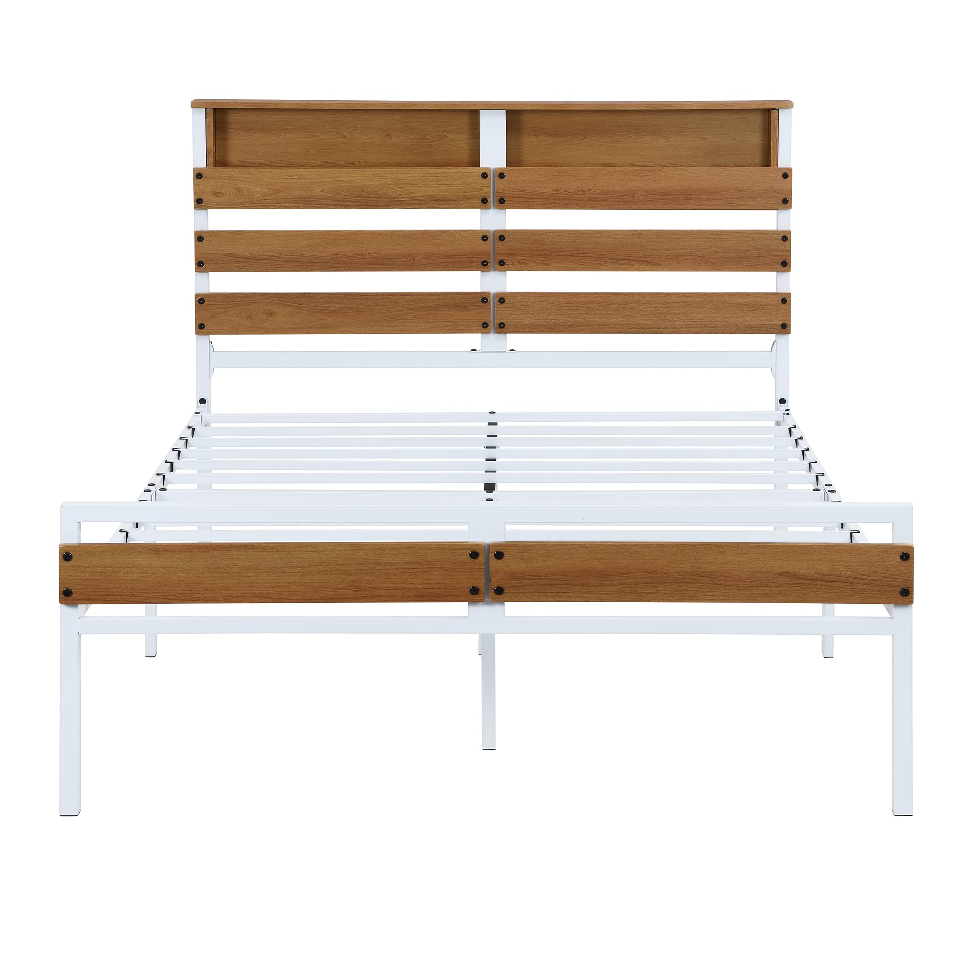 Modern Industrial Full Size Platform Bed Frame with Storage Headboard & Footboard - Sturdy Metal & Wood Construction, Steel Slat Support - No Box Spring Needed (White, Full Size) - Perfect for Small Bedrooms, Guest Rooms & Modern Loft Apartments