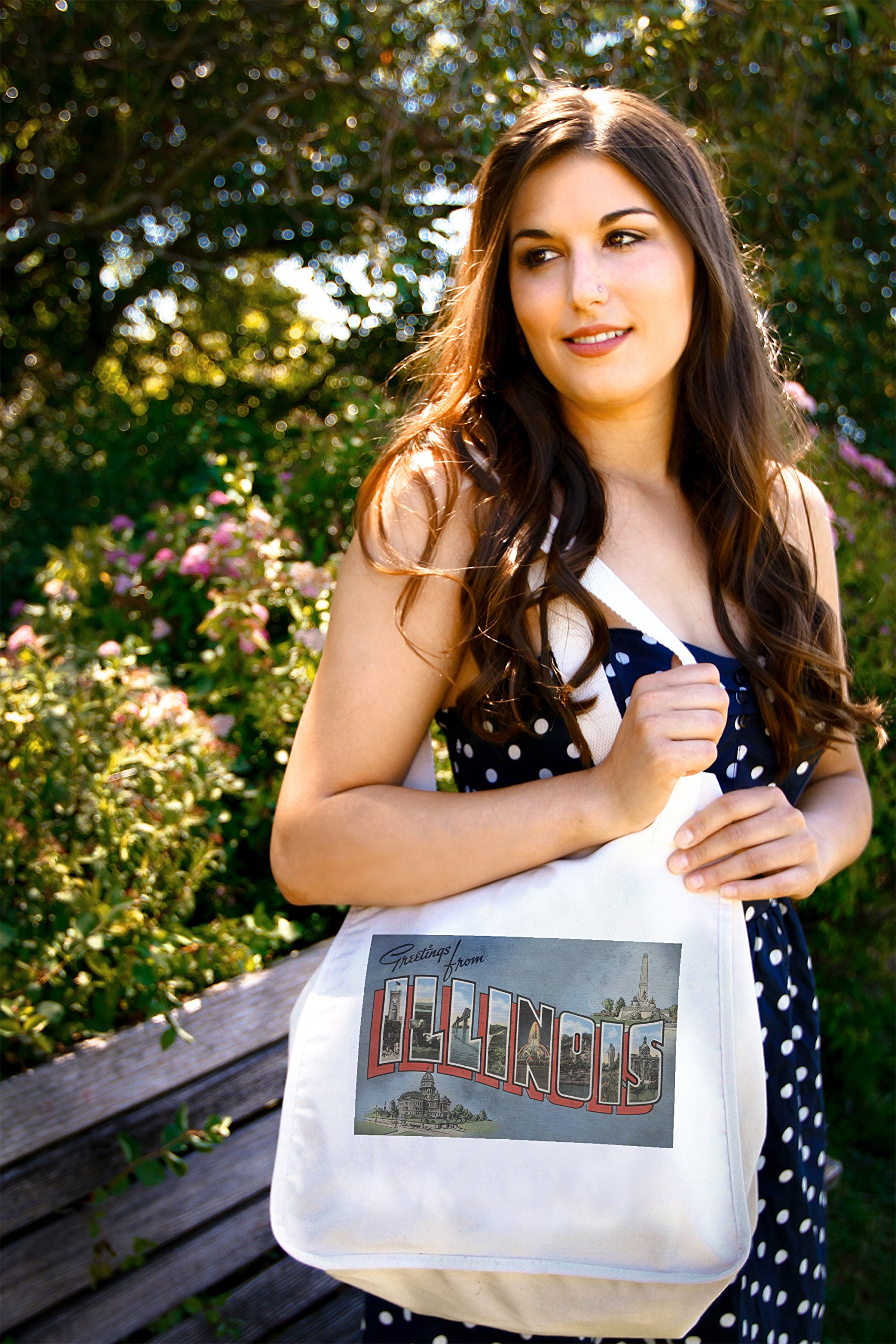 Lantern Press Greetings from Illinois Blue 100% Cotton Canvas Reusable Tote Bag - Perfect for Shopping, Beach Trips & Eco-Friendly Grocery Hauling