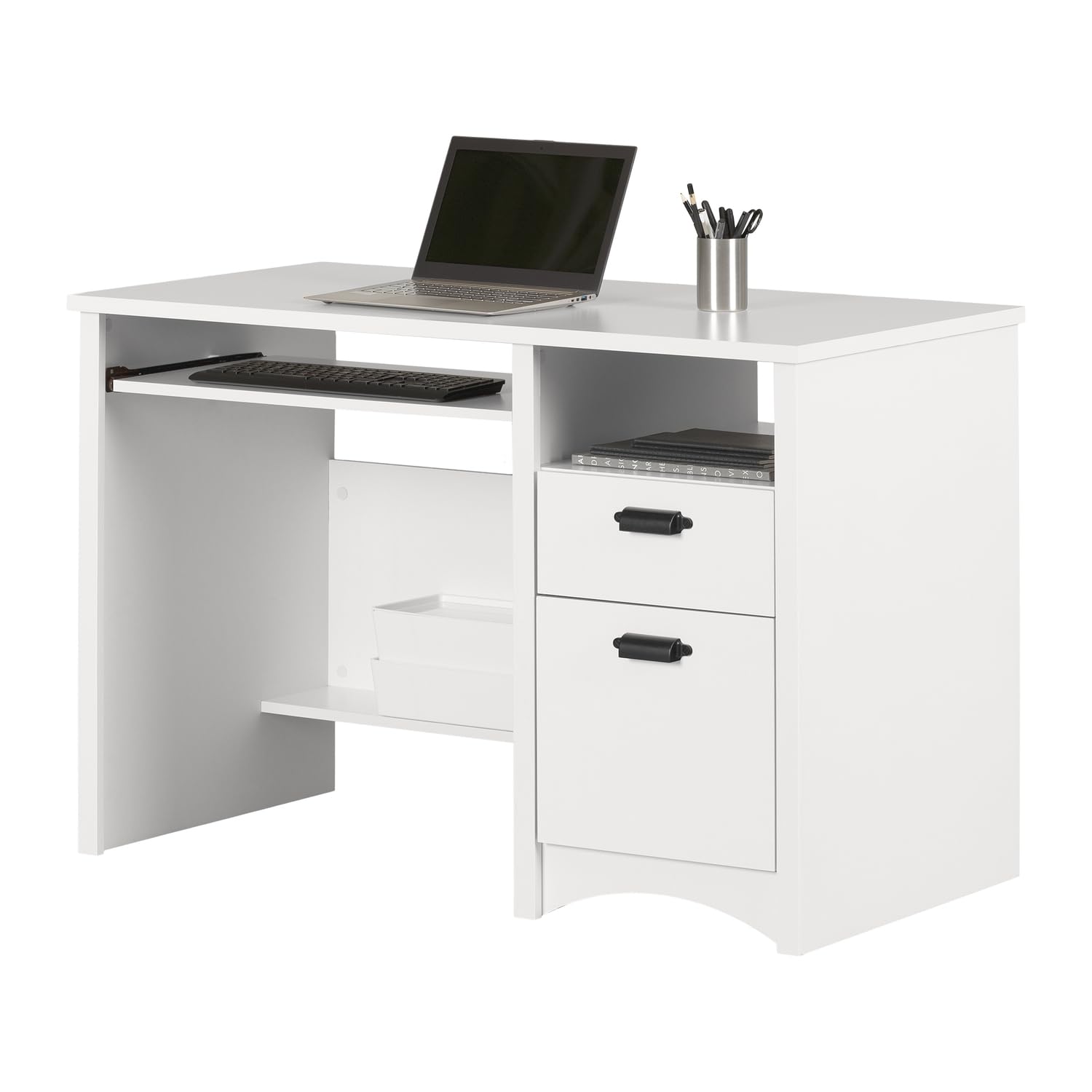 South Shore White Computer Desk with 2 Drawers & Keyboard Tray - Modern Home Office Desk for Small Spaces, Work from Home & Study Use