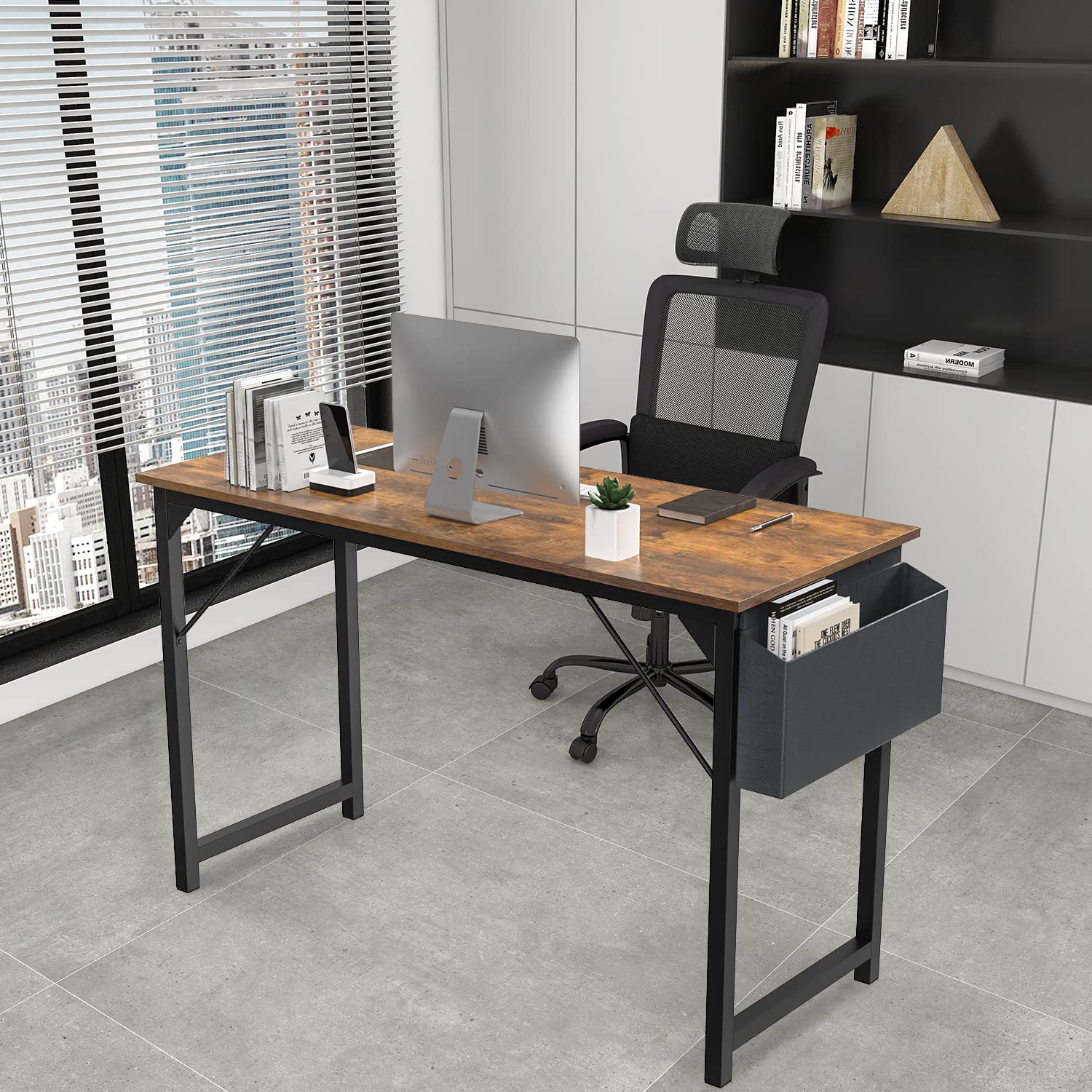 OLIXIS 48 Inch Modern Wooden Computer Desk for Home Office, Study & Gaming - Rustic Brown Writing Desk with Storage Bag & Headphone Hook - Perfect for Small Spaces, Bedrooms, Student Dorms & Shared Workspaces