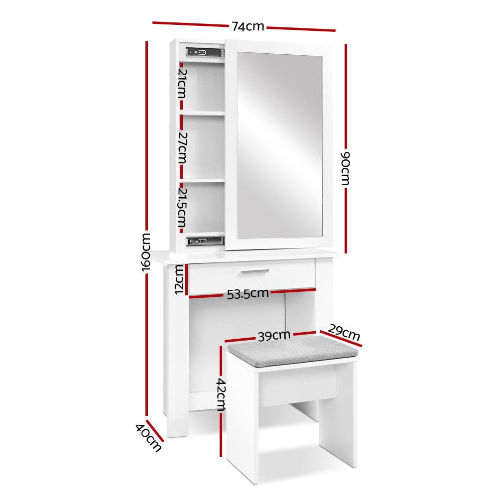 Artiss White Sliding Mirror Dressing Table Stool Set - Vanity Stool with Adjustable Mirror for Bedroom, Bathroom & Makeup Area
