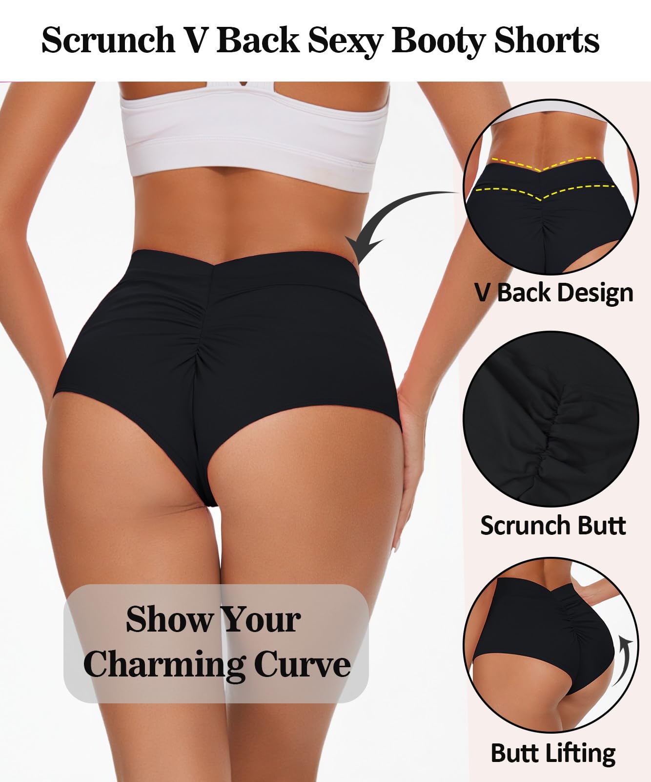 BOUFOR Women's Scrunch Butt Lifting Shorts - High Waisted V Back Yoga Shorts for Gym, Workout & Athletic Wear | Perfect for Running, Yoga & Summer Fashion