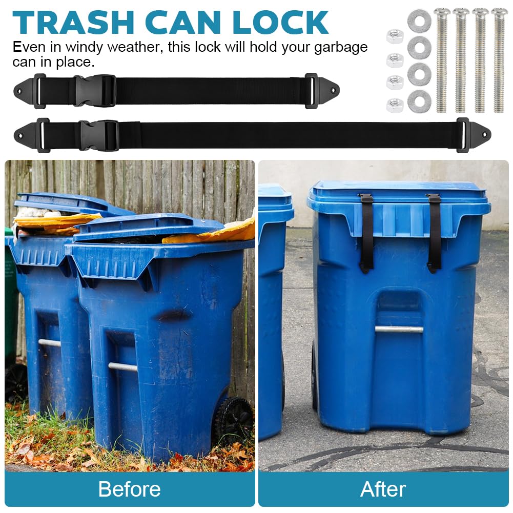 2 Pack Universal Wheelie Trash Can Lock - Adjustable Garbage Bin Lid Lock for Outdoor Use, Secures Bins Against Animals Like Squirrels, Dogs & Bears - Perfect for Home, Camping & Backyard Waste Management