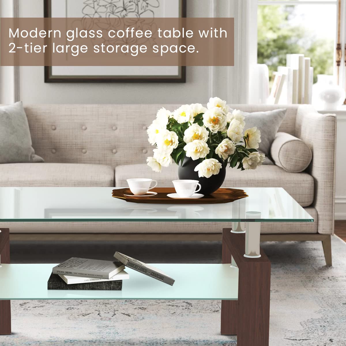 Modern Clear Glass Coffee Table with Metal Tube Legs & Lower Shelf - 2-Tier Rectangle Center Table for Living Room, Waiting Area - Durable Walnut Finish (Perfect for Small Spaces & Contemporary Decor)