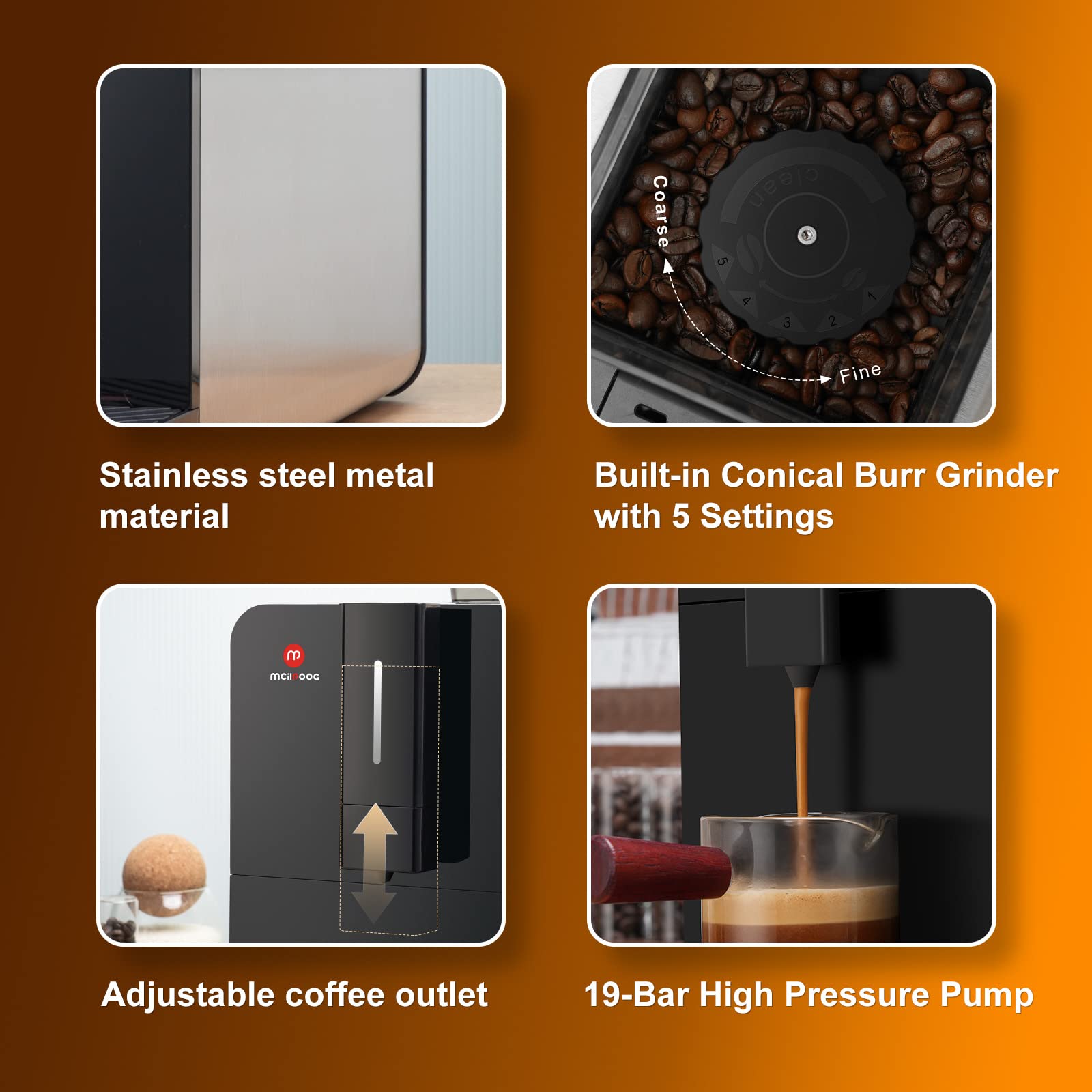 Mcilpoog Super Automatic Espresso Coffee Machine with Built-in Grinder - 19 Bar Pressure, WiFi & Touch Screen Control, Bean to Cup System - Perfect for Home, Office or Cafe Use