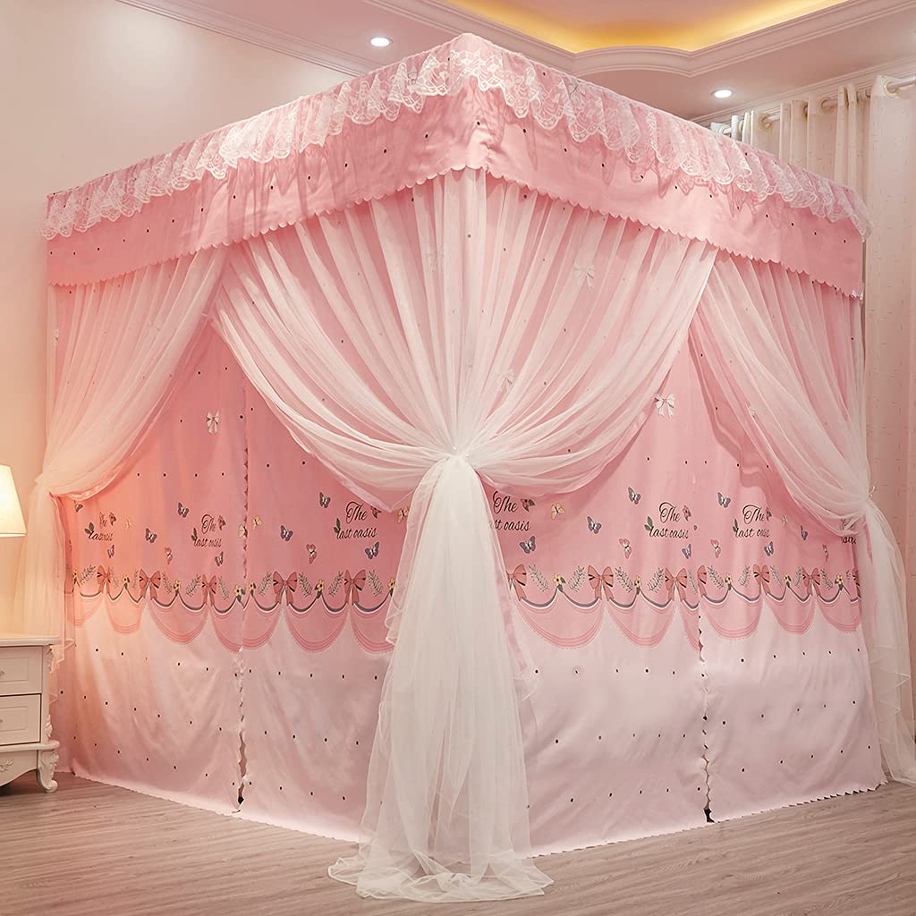 Elegant Classical 4 Corner Post Bed Canopy Curtain - Mosquito Net Princess Bed Drapes for Twin, Full, Queen, King & California King Size Beds - Pink Canopy for Adults, Girls & Boys - Perfect for Bedroom Decor, Romantic Nights & Mosquito Protection