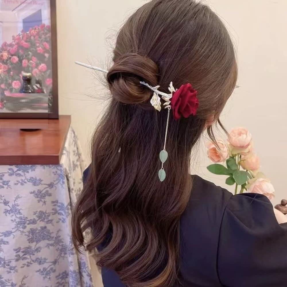 Rose Flower Metal Hair Sticks with Tassel - Chinese Hair Accessories for Women Buns | Wedding & Party Use