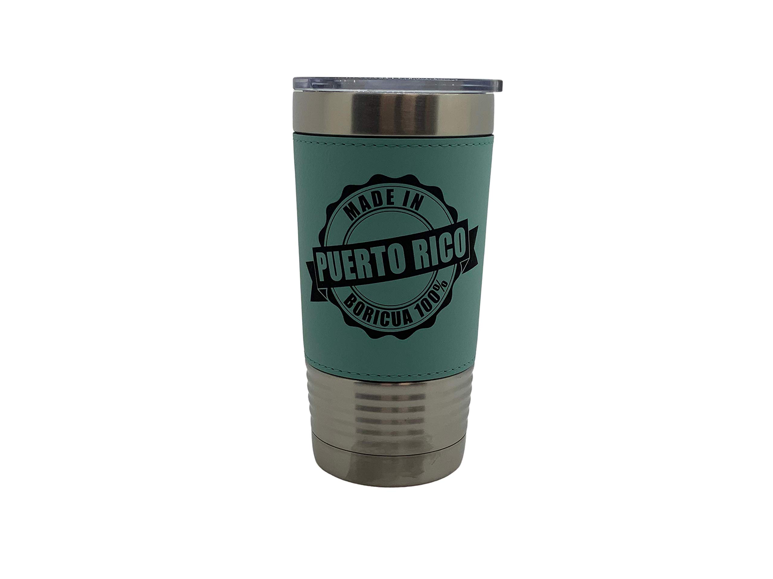 Puerto Rico Boricua Leather-Wrapped 20oz Stainless Steel Vacuum Insulated Tumbler - Double-Wall Travel Mug for Coffee & Cold Drinks, Perfect for Gym, Hiking, Camping & Office Use (Teal)