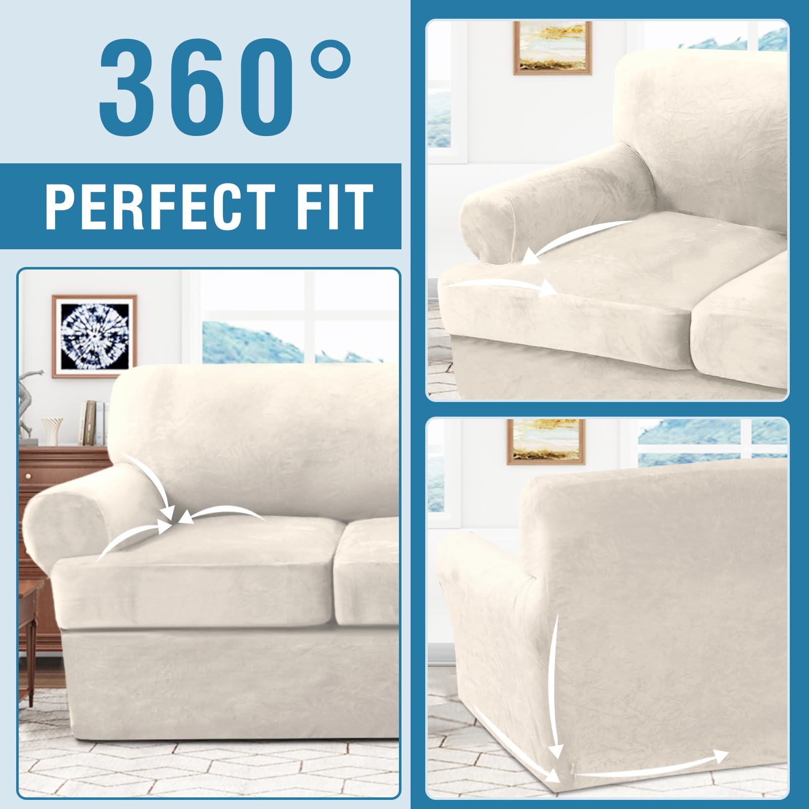 H.VERSAILTEX 3-Piece Velvet Sofa Cover Set for Loveseat - Thick Stretchable Couch Slipcover with 2 Individual Cushion Covers, Washable Furniture Protector (Ivory) - Perfect for Living Room, Apartment & Pet-Friendly Homes