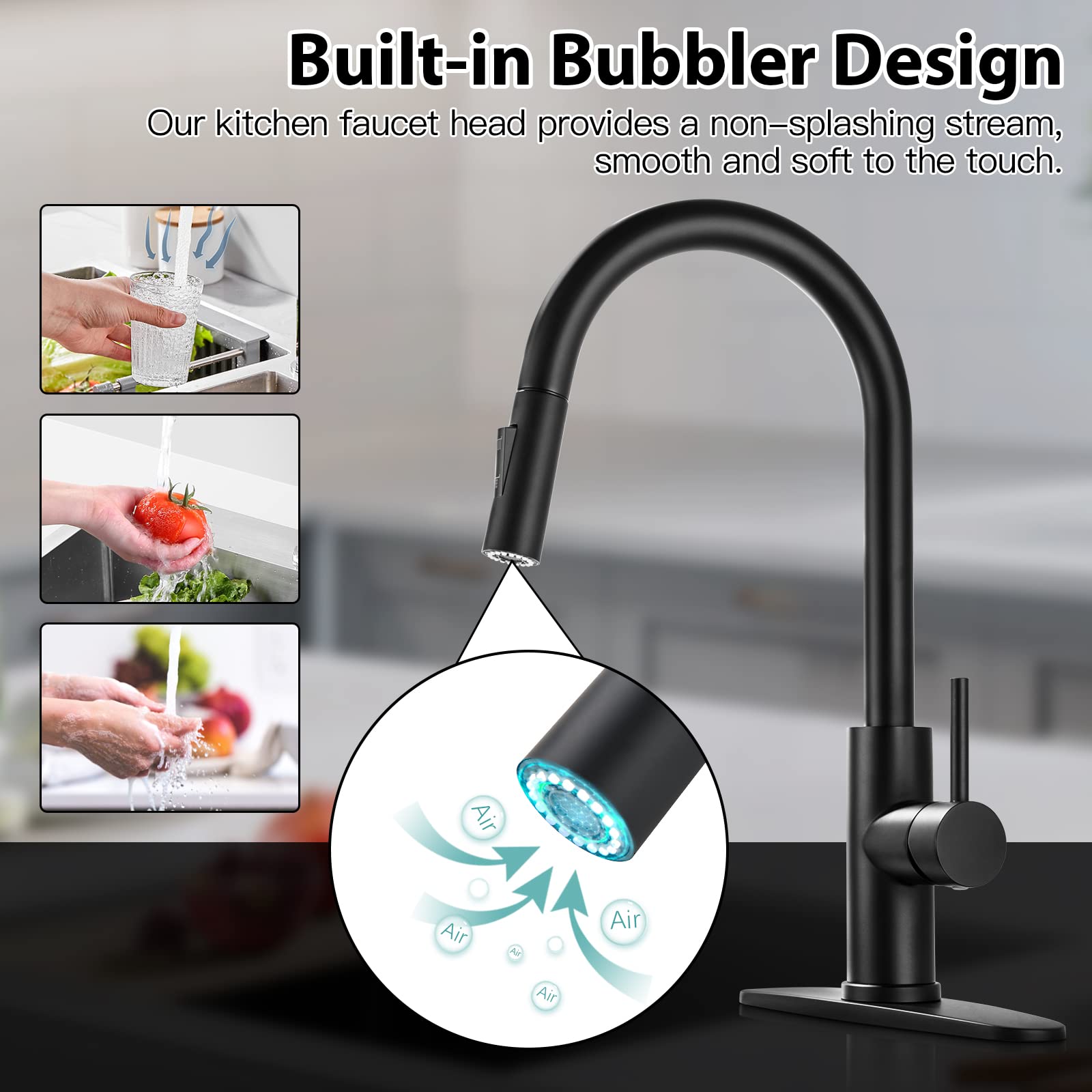 Modern Stainless Steel Kitchen Sink Faucet with Pull Down Sprayer - Matte Black Single Handle 3 Hole Deck Plate Faucet for Home, Restaurant & Commercial Use