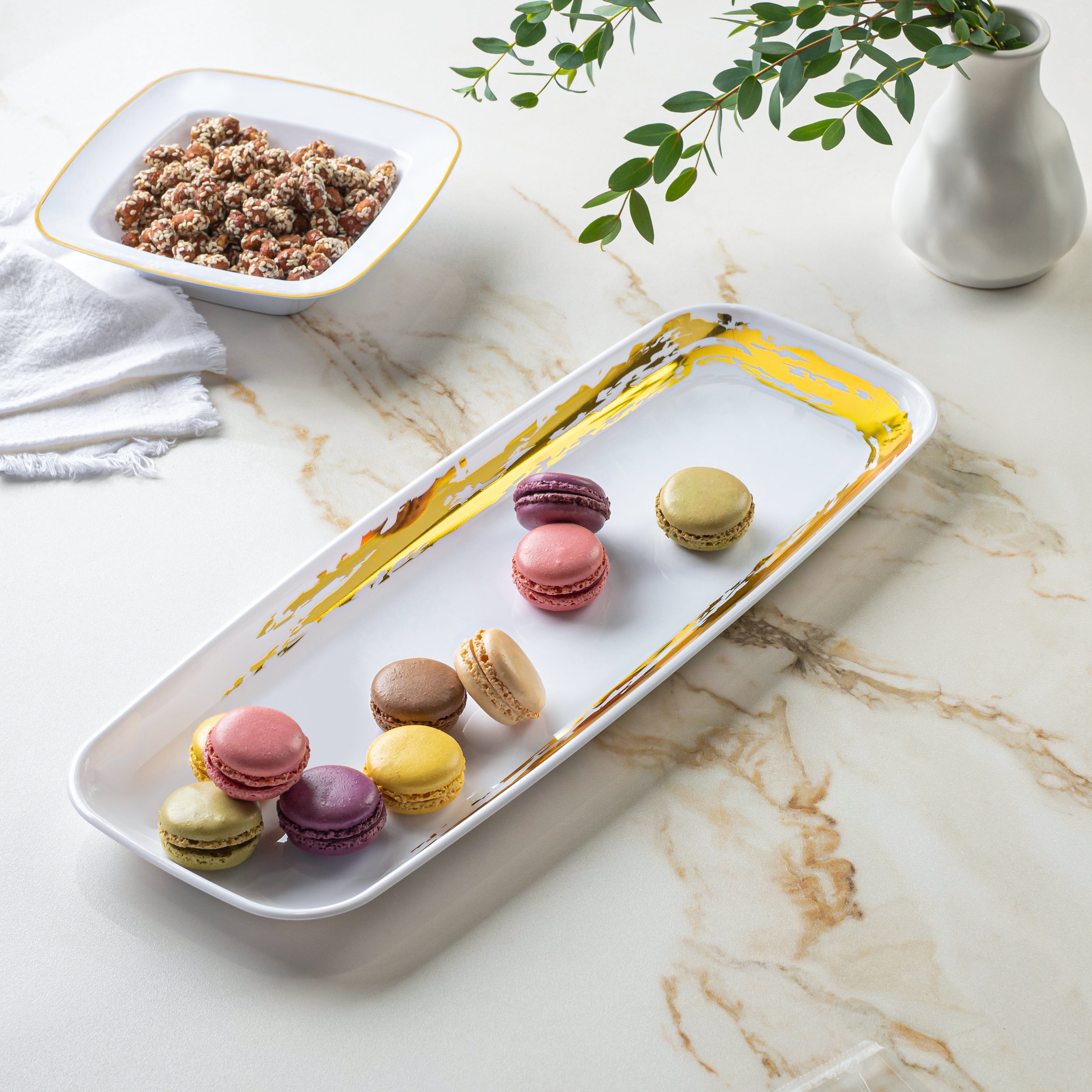 Premium White and Gold Oval Serving Platter Set of 2 - Elegant Appetizer Tray for Dinner Parties, Cheese Boards & Holiday Entertaining