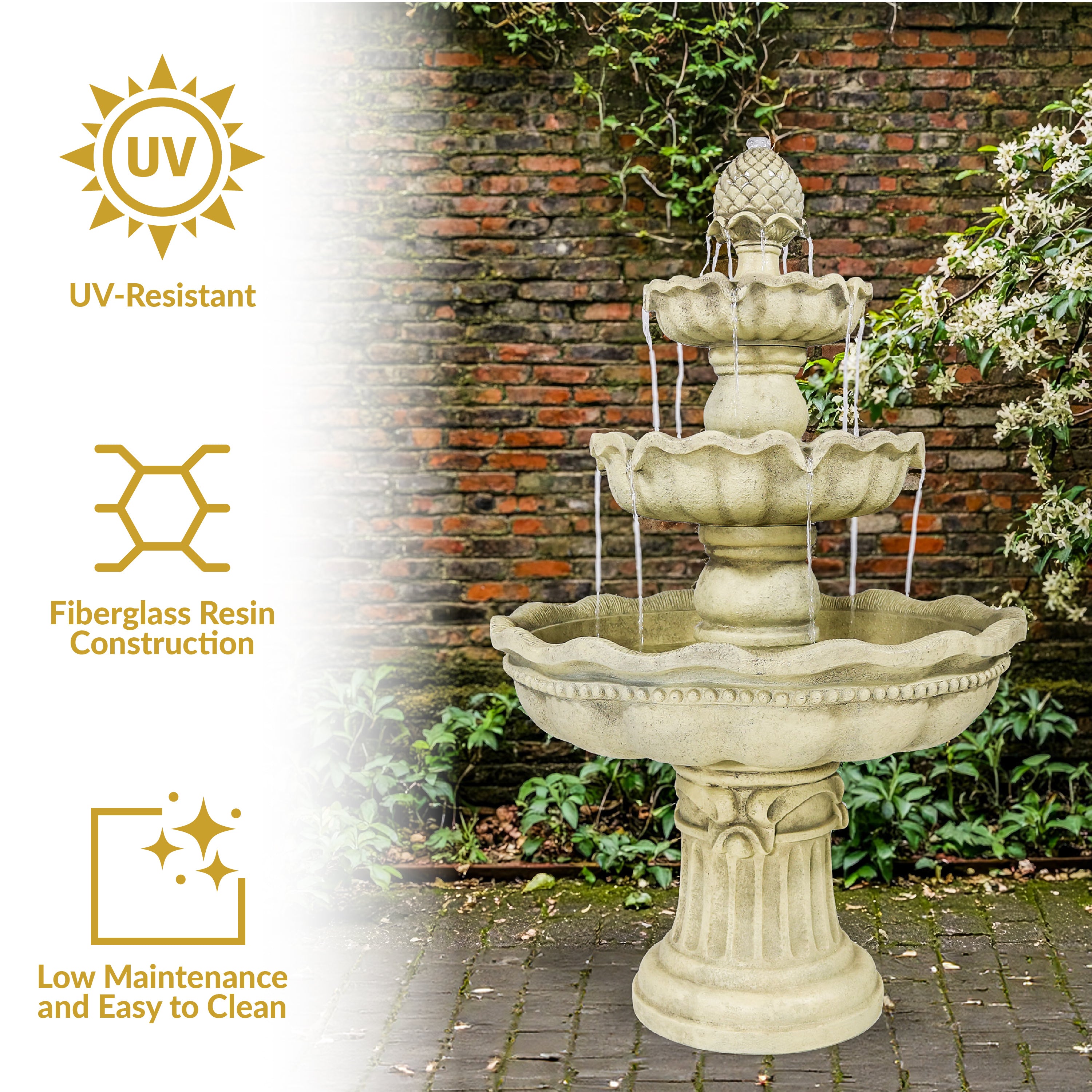 Sunnydaze 3-Tier White Pineapple Garden Fountain - 51 Inch Outdoor Water Feature for Patio, Yard & Garden Decor | Relaxing Backyard Oasis
