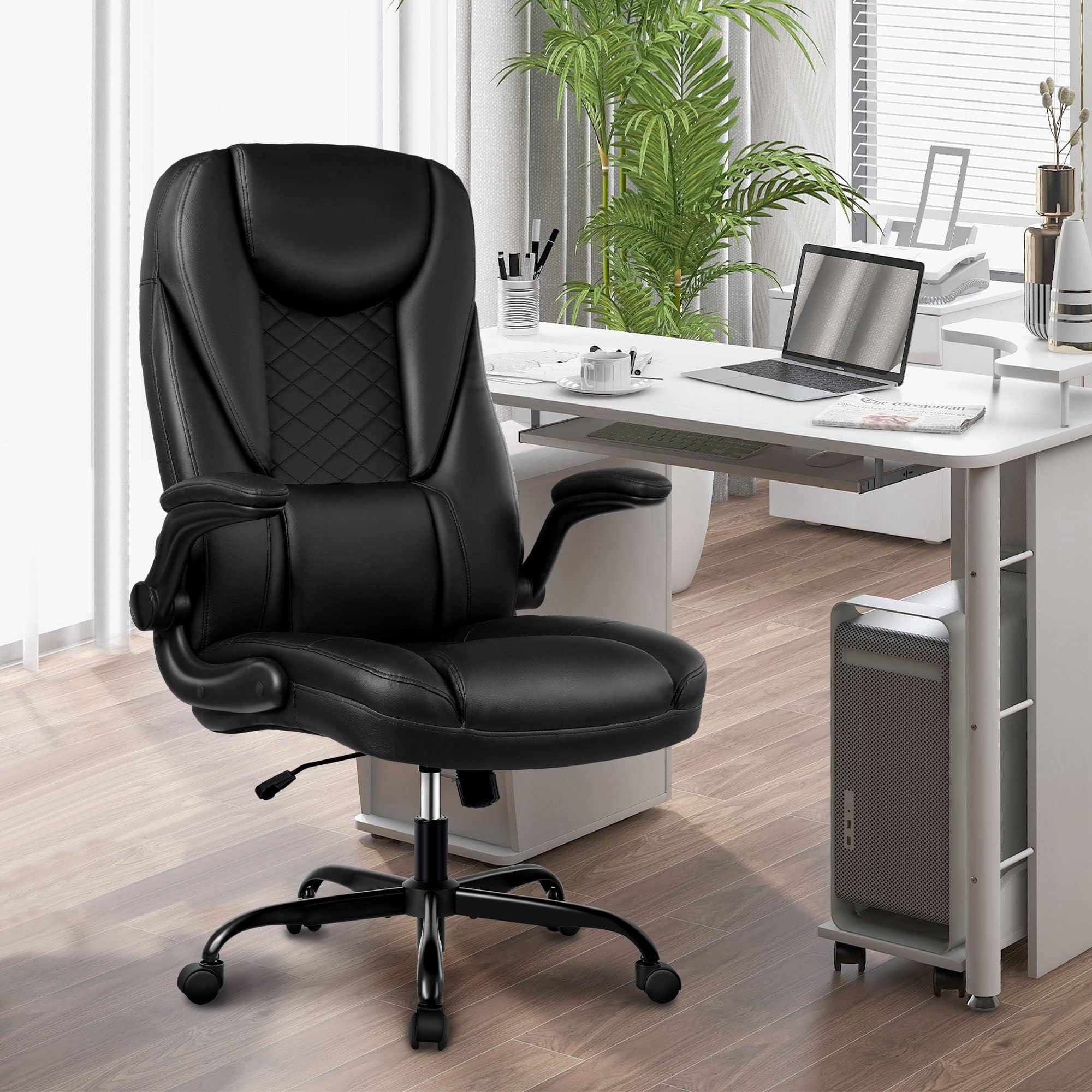 Premium Ergonomic Executive Office Chair - Big & Tall Leather Desk Chair with Adjustable Flip-Up Arms, High Back & Lumbar Support - Comfortable Computer Chair for Home Office, Gaming & Workspace (Black)