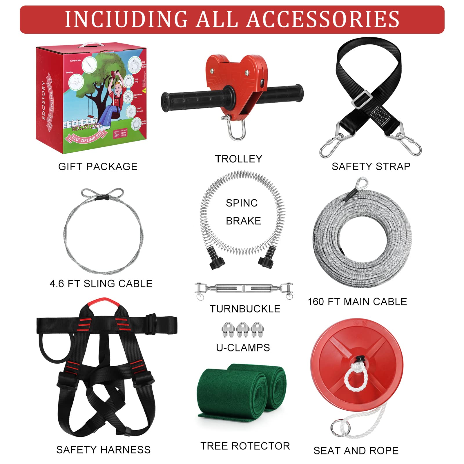 EDOSTORY 160ft Heavy Duty Backyard Zip Line Kit for Kids & Adults - Supports Up to 330lbs with Stainless Steel Cable, Spring Brake & Safety Harness | Outdoor Adventure Play Equipment for Backyards, Parks & Camping | Great Christmas & Birthday Gift for Kids (Red)