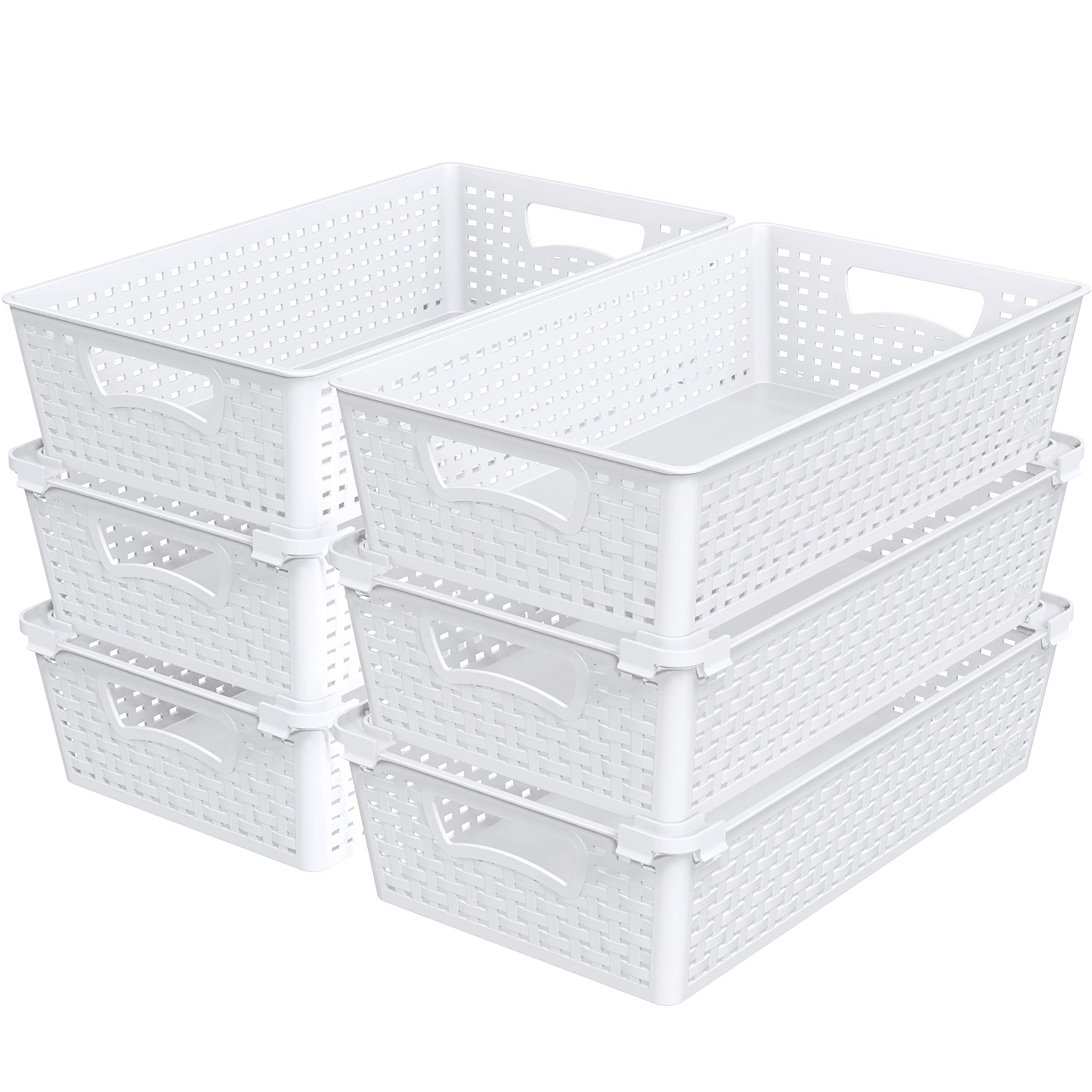 Stackable Plastic Storage Baskets - 6 Pack White Pantry Organizer Bins (14.5