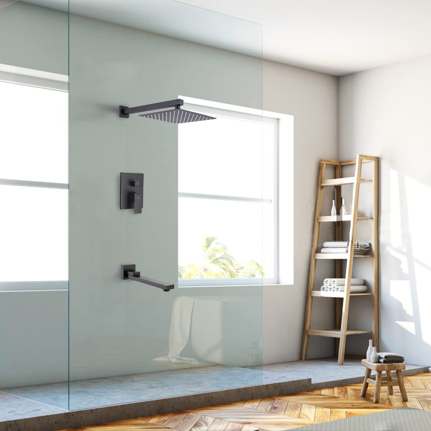 Premium Matte Black Wall Mount Shower Tub Faucet Set with Rainfall Shower Head & 180° Folding Tub Spout - Single Handle Bathtub and Shower Trim Kit for Modern Bathroom Renovation (Ideal for Master Bath, Guest Bath & Spa-Like Shower Experience)