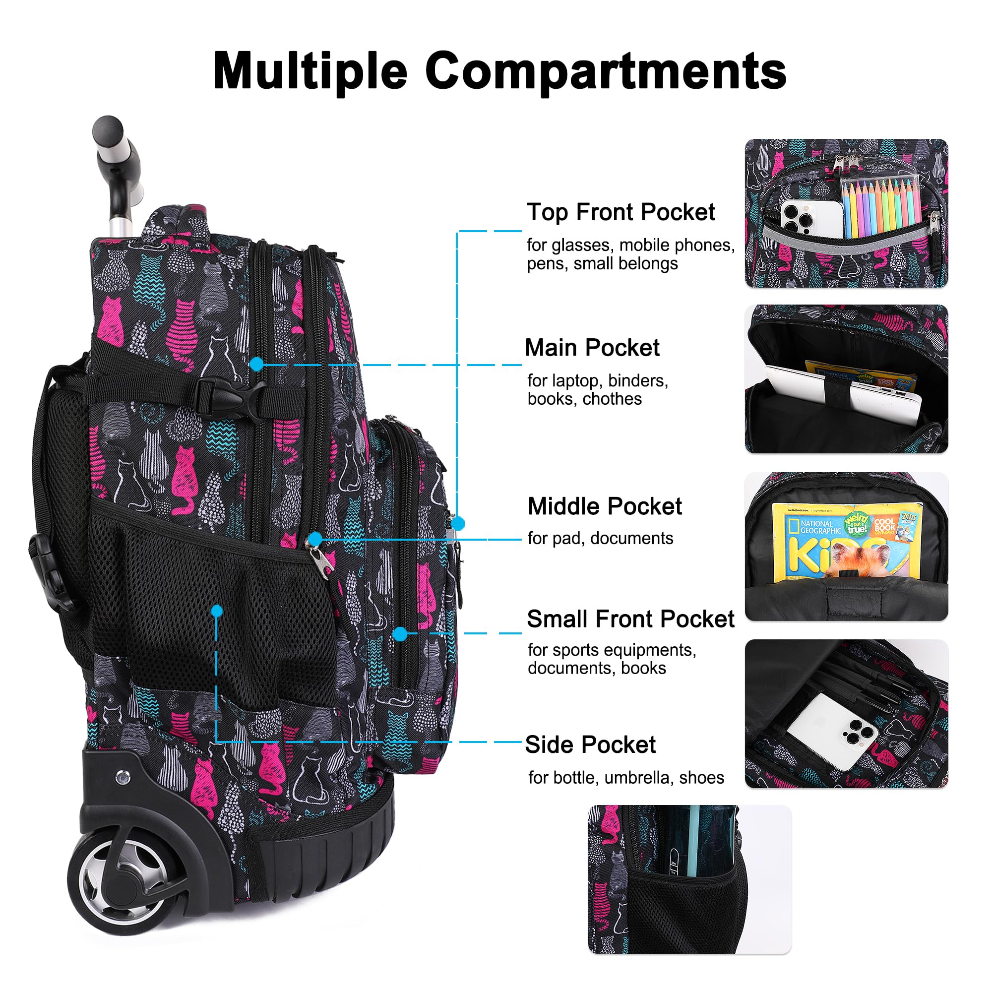 Tilami 19 Inch Rolling Backpack with Lunchbox - Wheeled Laptop Backpack for School & Travel - Durable Cat Black Design for Students & Professionals