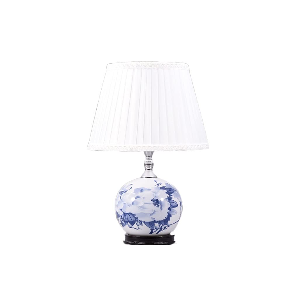 Chinese Style Blue and White Hollow Ceramic Table Lamp - Handcrafted Retro Bedside Nightstand Lamp with Printed Fabric Shade | Perfect for Bedroom, Living Room & Office Decor (White)