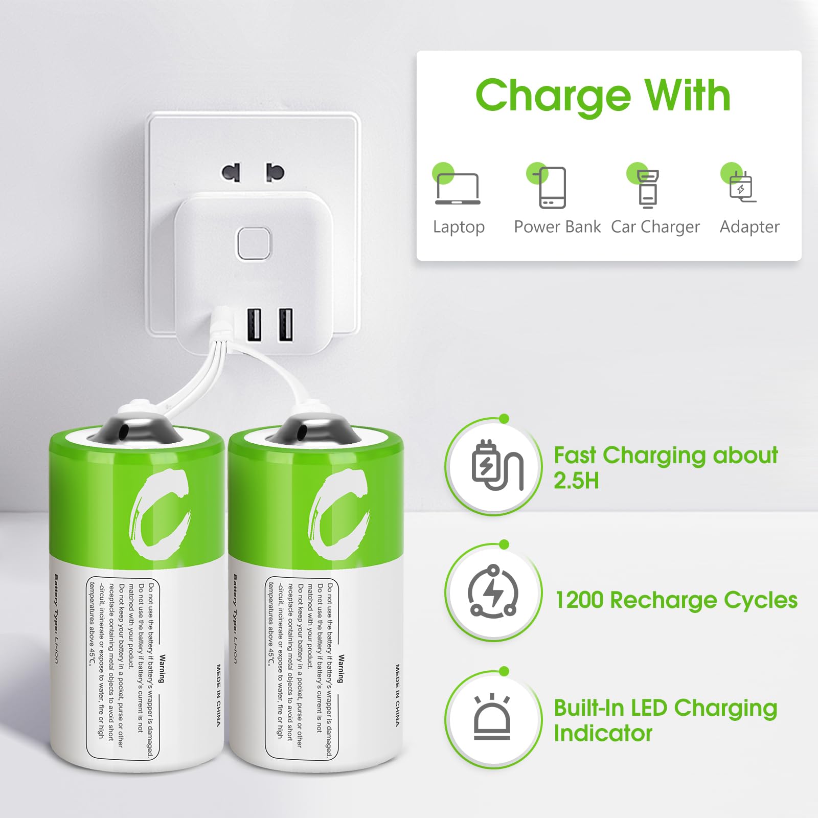 8 Pack Rechargeable C Batteries with Charger - 1.5V LR14 Lithium C Cell Batteries 5000mWh - Long Lasting Power for Flashlights, Toys, Radios, Remote Controls & Emergency Kits - Perfect for Camping, Home Use and Power Outages