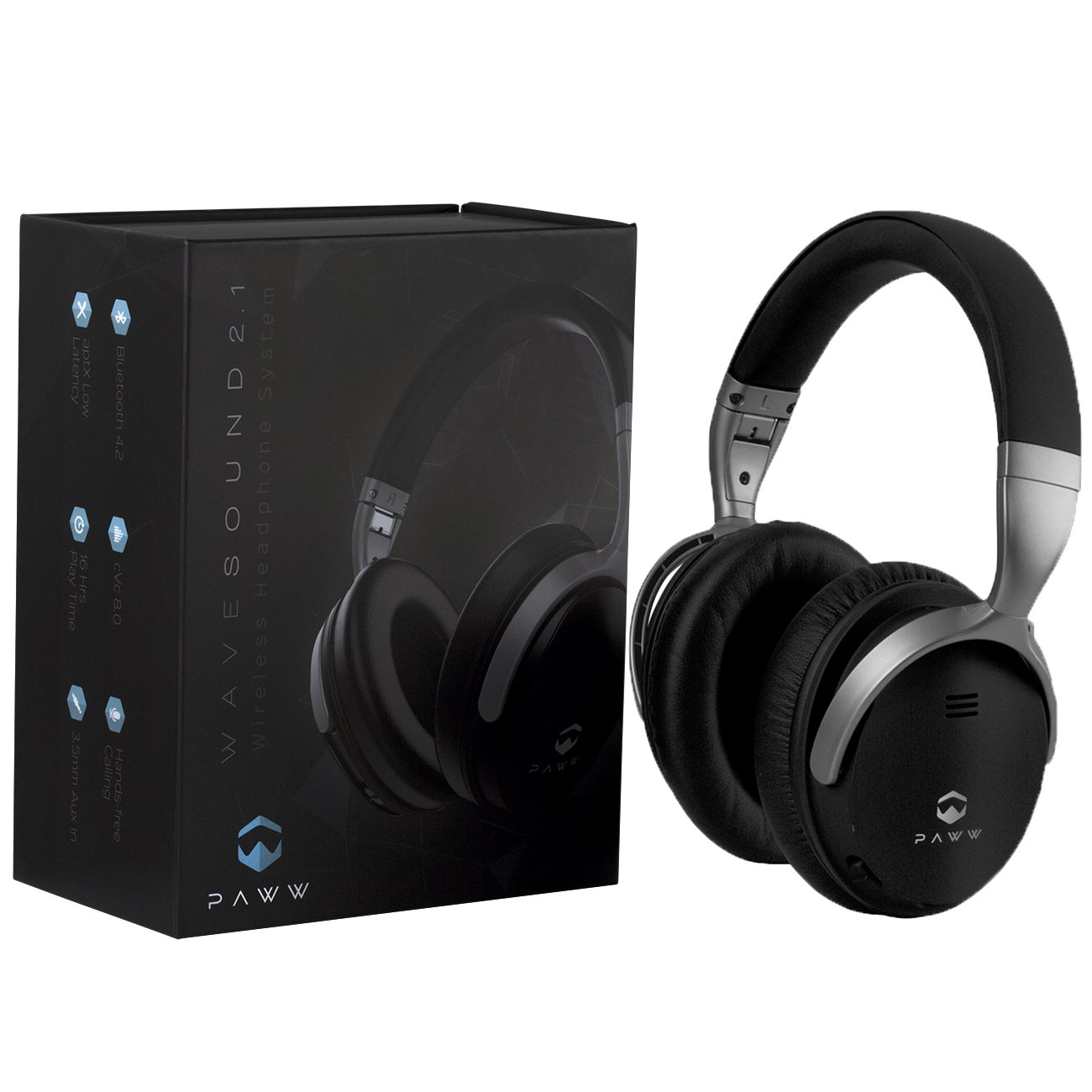 Paww WaveSound 2.1 Wireless Bluetooth Over-Ear Headphones with Microphone - Foldable Design, aptX Low Latency (34ms) for Gaming, TV & PC - Wired Mode Option - Perfect for Travel, Work & Home Entertainment (Black)