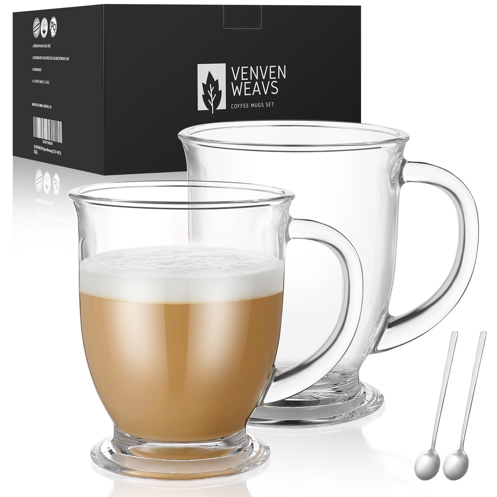 2-Pack 15oz Clear Glass Coffee Mugs with Handles - Lead-Free Drinking Cups for Cappuccino, Latte, Tea - Perfect for Home, Office & Cafe Use