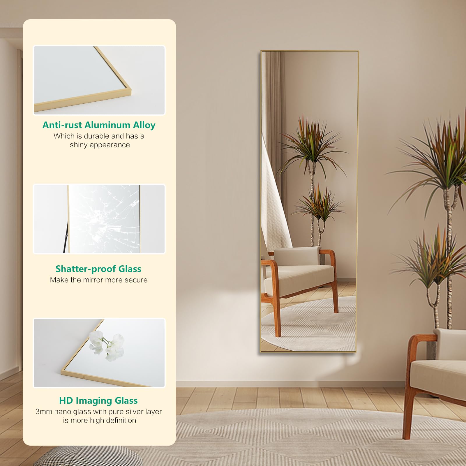 NEWBULIG Full Body Mirror 59x16 Inches - Floor Standing & Wall Hanging Mirror with Aluminum Alloy Frame for Bedroom, Living Room, Dressing Room - Gold Finish for Home Decor & Outfit Checking