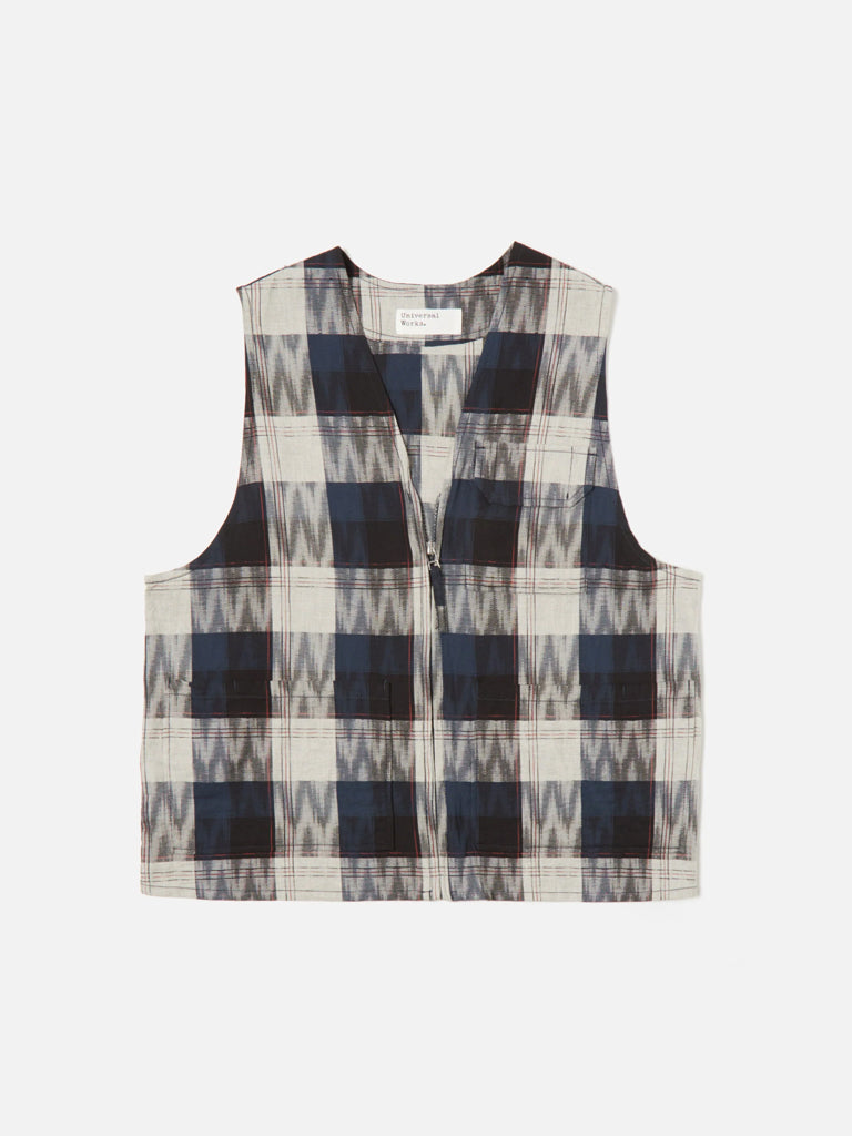 Universal Works Marine Gilet in Deck Ikat Indigo - Lightweight Water-Resistant Vest for Outdoor Activities, Fishing, and Casual Wear