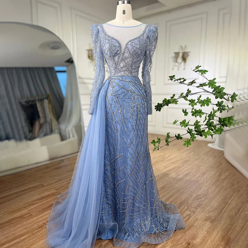 Luxury Dubai Evening Dresses for Women - Muslim Gold Mermaid Beaded Gown with Overskirt | Elegant Party Wear for Weddings, Galas & Special Occasions | Serene Hill Collection LA72206