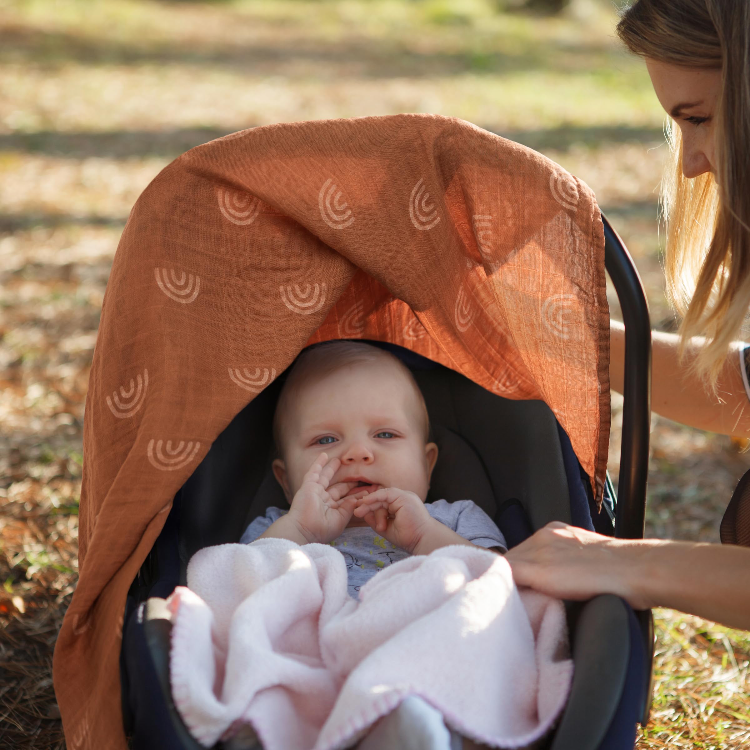 Meracorallo Muslin Baby Car Seat Cover - 2 Pack Lightweight Breathable Soft Infant Carrier Canopy for Boys & Girls (Rainbow & Beige) | Perfect for Strollers, Shopping Carts & Outdoor Protection