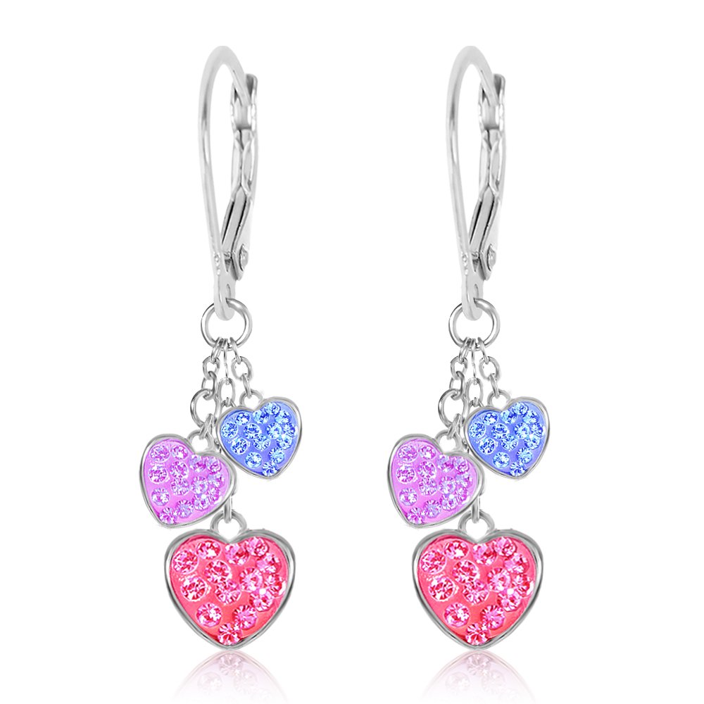 Hypoallergenic 925 Silver Kids Hoop Earrings with 3 Mini Hearts & Crystals - Gold or White Tone Leverback Earrings for Girls | Perfect for Birthday Gifts, School Events & Special Occasions