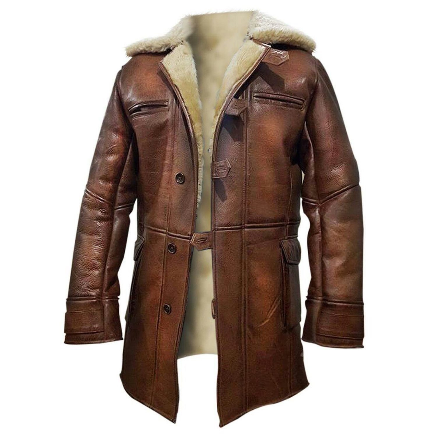 Tom Hardy Bane Jacket - TDKR Shearling Coat, Distressed Brown Leather Jacket for Winter | Cosplay, Halloween Costume & Cold Weather Fashion