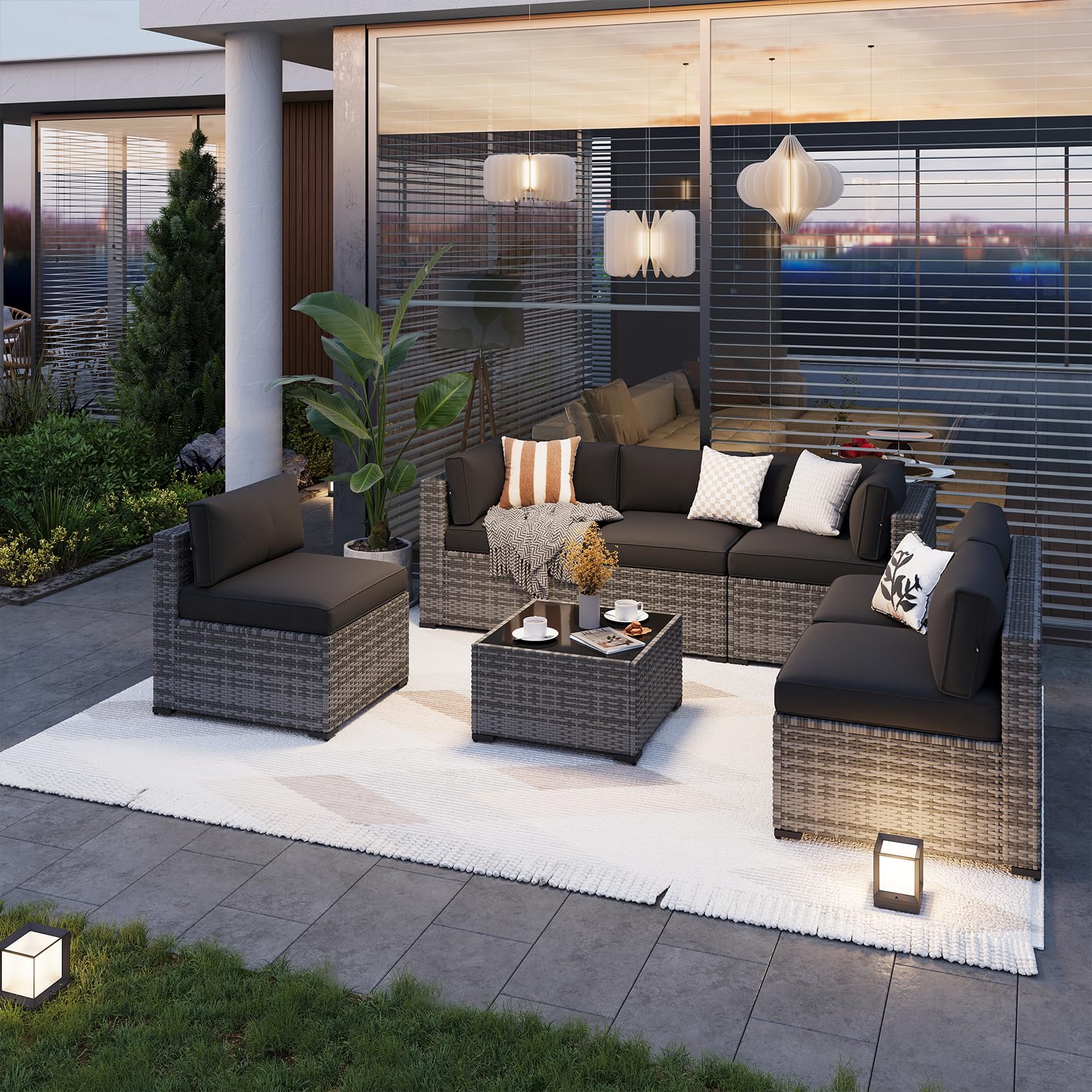 Aoxun 7-Piece Outdoor Patio Furniture Set with Thick Cushions - All-Weather Wicker Sectional Sofa Conversation Set for Backyard, Poolside, Garden & Patio - Perfect for Relaxing, Entertaining & Outdoor Gatherings
