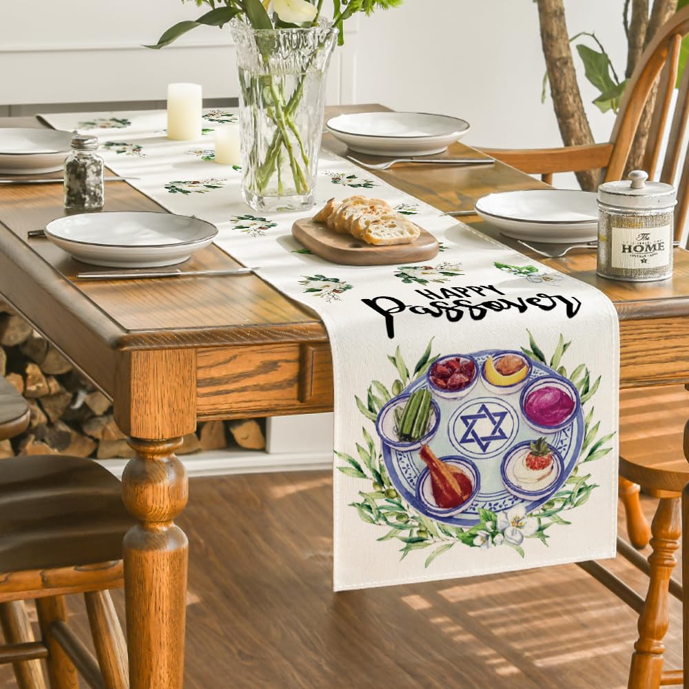 Artoid Mode Seder Plate Flower Happy Passover Table Runner - 13x72 Inch Seasonal Kitchen & Dining Table Decoration for Jewish Holiday Celebrations, Home Parties & Festive Gatherings - Perfect for Passover Seders, Holiday Dinners & Family Reunions