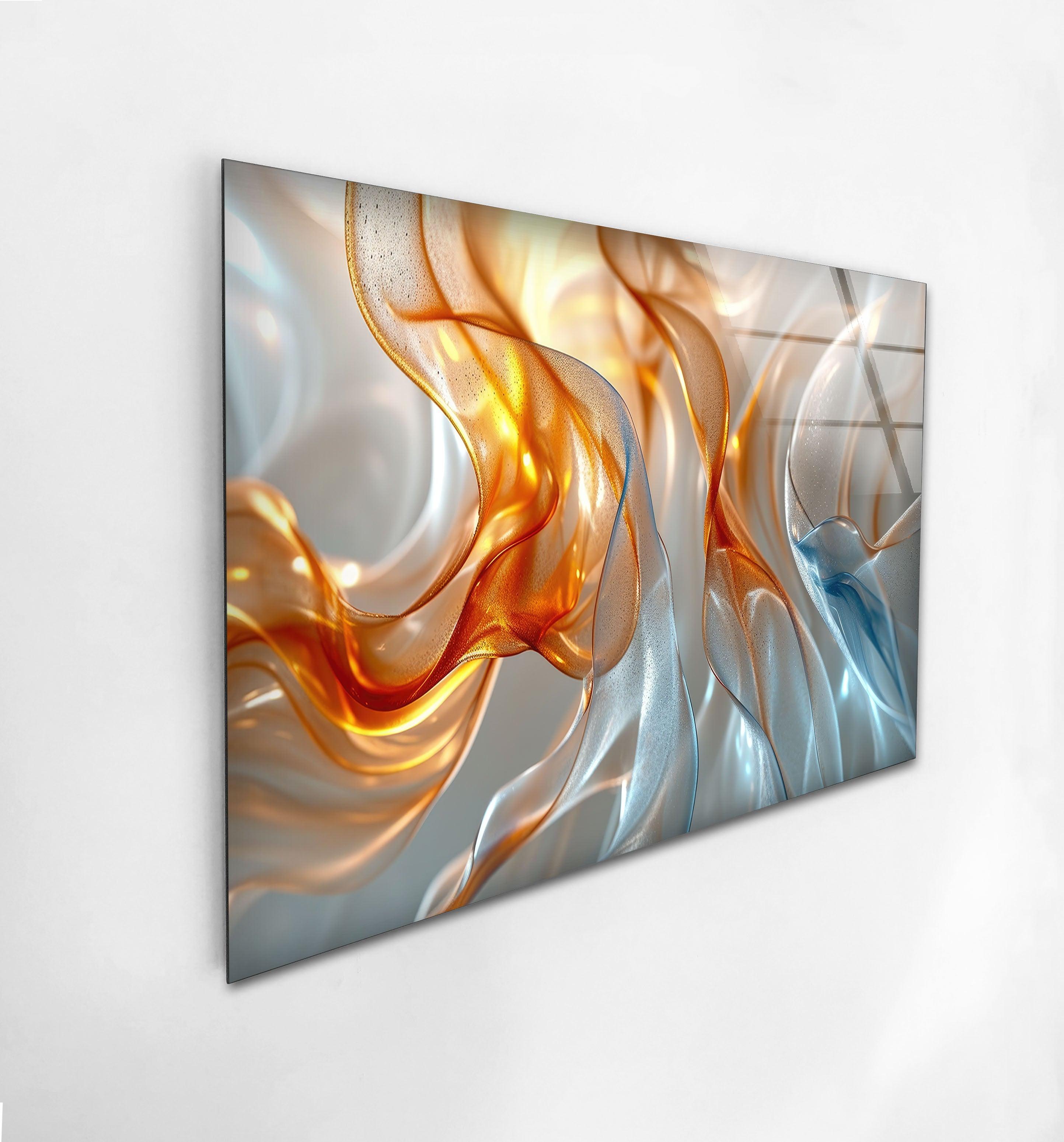 Blue and Orange Abstract Glass Wall Art - Modern Handmade Decor for Living Room, Bedroom & Office - Unique Gift Idea for Home & Interior Design