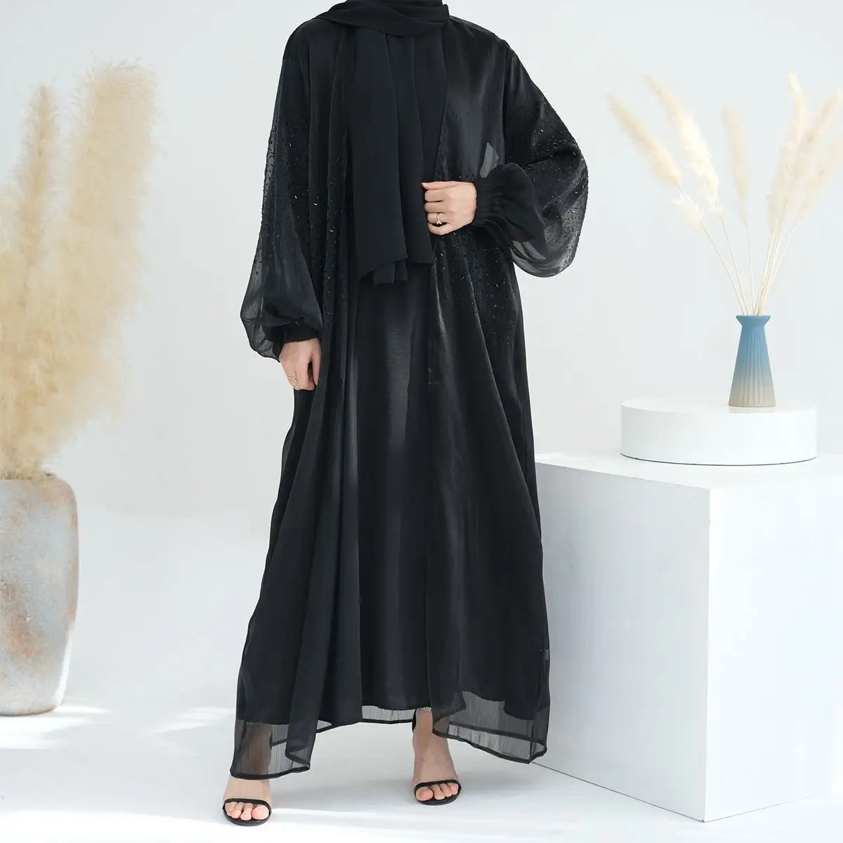 2 Piece Set Bright Wrinkle Puff Sleeve Open Abaya Dress - Elegant Muslim Women's Prayer Dress for Mosque, Eid & Special Occasions
