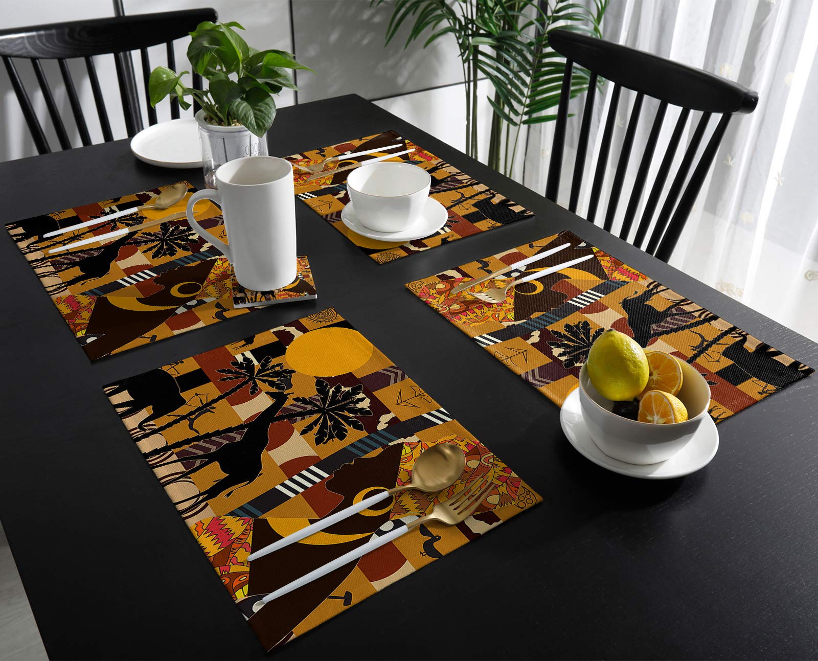 Set of 4 Black Women Placemats - African Animal Giraffe Elephant Design, Washable Dining Table Mats for Kitchen & Dinner Room Decor, Perfect for Family Gatherings & Special Occasions