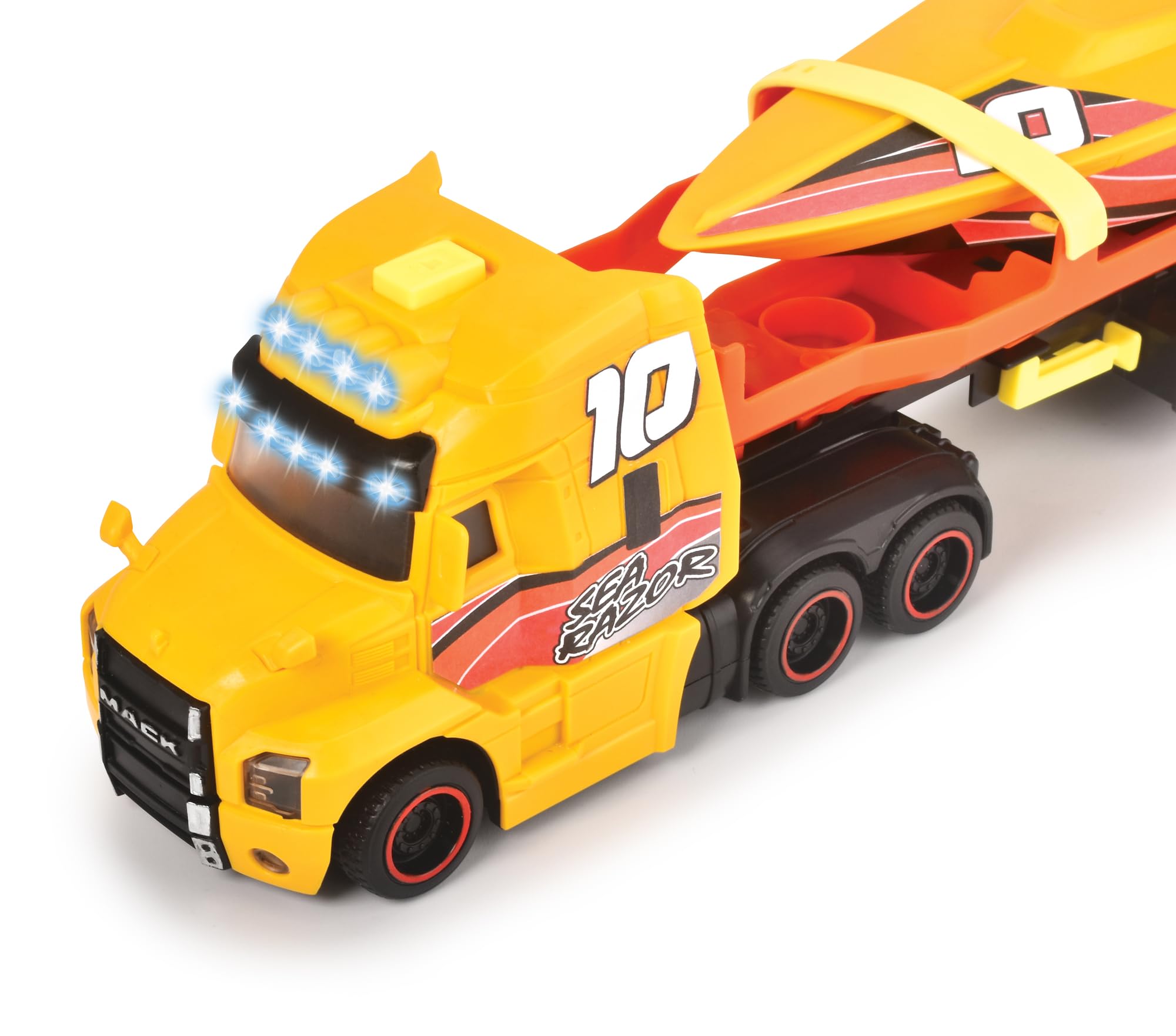 Dickie Toys - Mack Truck with Trailer and Boat | Durable Die-Cast Toy Vehicle for Kids | Perfect for Pretend Play, Construction Scenes & Outdoor Adventures