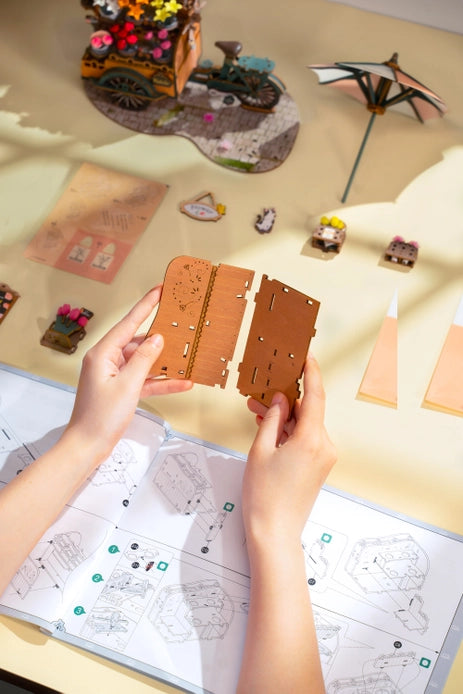 3D Wooden Puzzle Blossom Cart - DIY Wooden Model Kit for Adults & Teens - Creative Home Decor & Gift Idea for Puzzle Lovers - Perfect for Relaxation, Stress Relief & Family Bonding Activities
