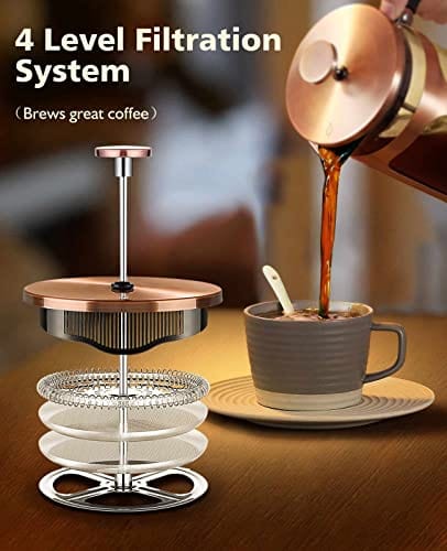 BAYKA French Press Coffee Maker - 34oz Glass & 304 Stainless Steel Coffee Press with Copper Finish | Heat-Resistant Borosilicate Pot for Hot & Cold Brew | Perfect for Home, Office, Camping & Travel Gifts
