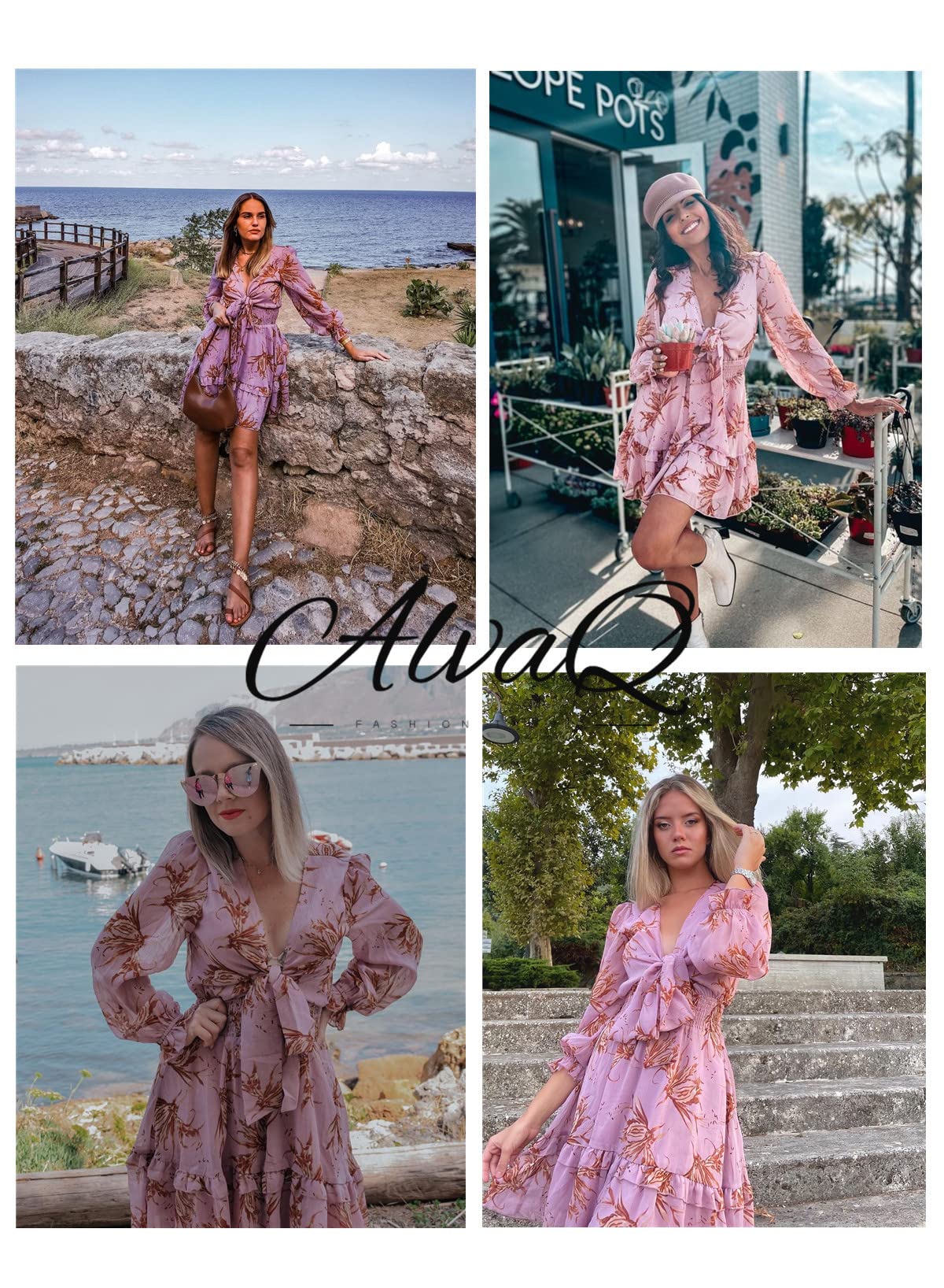AlvaQ Women's Floral Print Mini Dress - V Neck Ruffles Long Sleeve Knot Front Swing Dress for Spring Summer | Casual Wear, Date Night, Office Outfits & Special Occasions