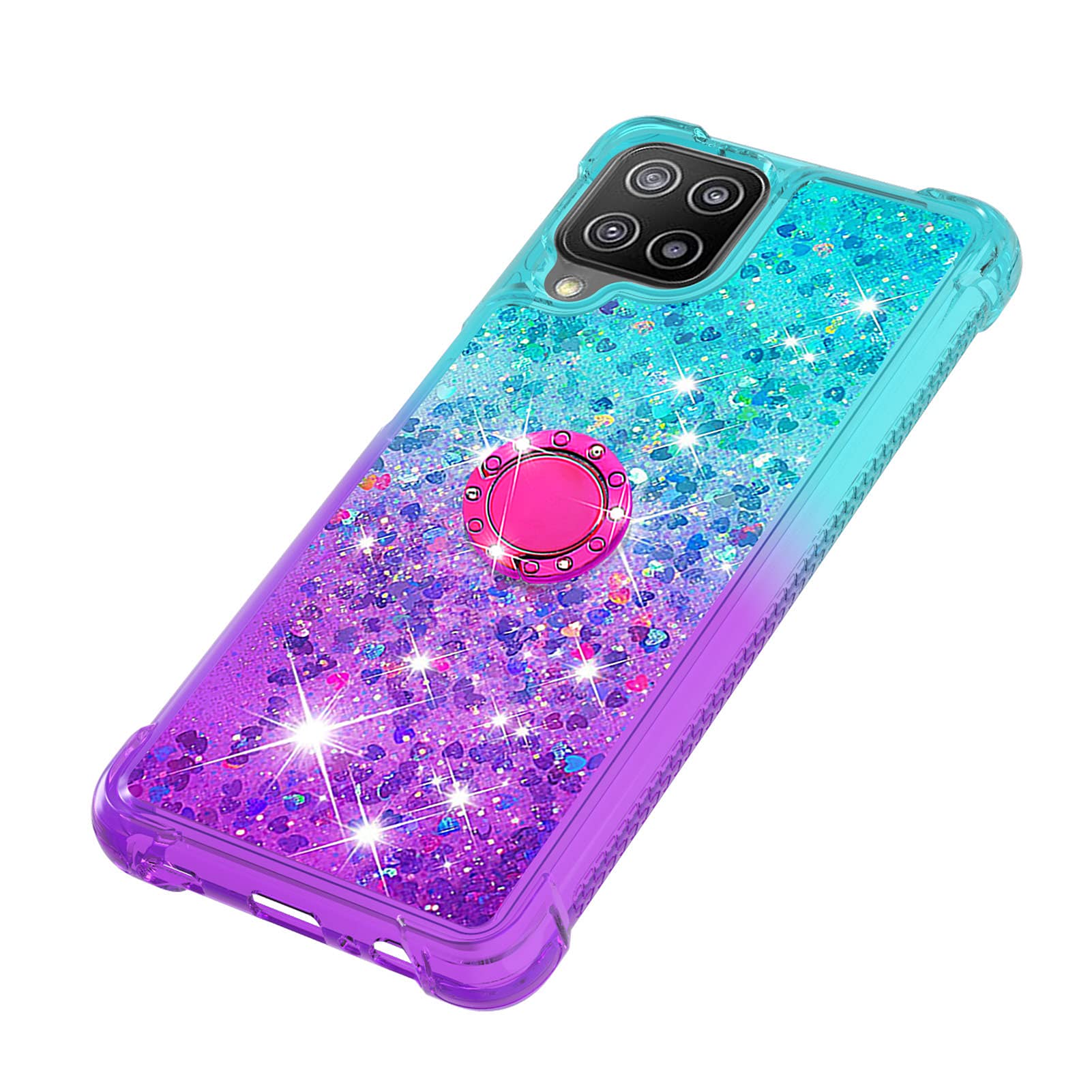 Samsung Galaxy A22 4G Case with Ring Holder - Clear Gradient Quicksand Glitter Floating Liquid TPU Phone Cover (Bluish Violet) | Shockproof Protective Case for Everyday Use, Work & Travel