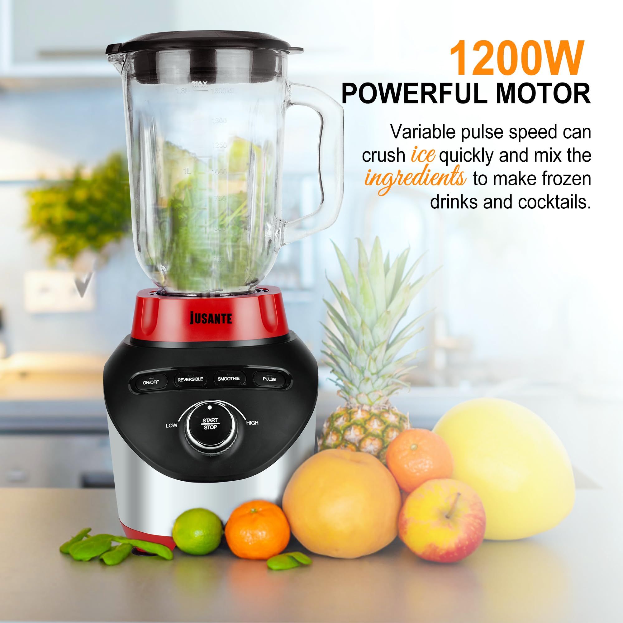 1200W High-Speed Professional Blender with 64oz Glass Jar - Powerful Countertop Blender for Smoothies, Shakes & Frozen Drinks - Perfect for Home Kitchen, Healthy Juicing & Meal Prep