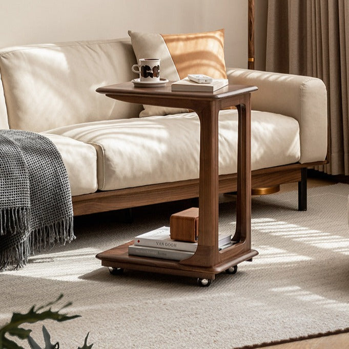 Premium Black Walnut Solid Wood Mobile Side Table - Rolling End Table with Wheels for Living Room, Bedroom, or Office - Natural Wood Nightstand with Storage Shelf