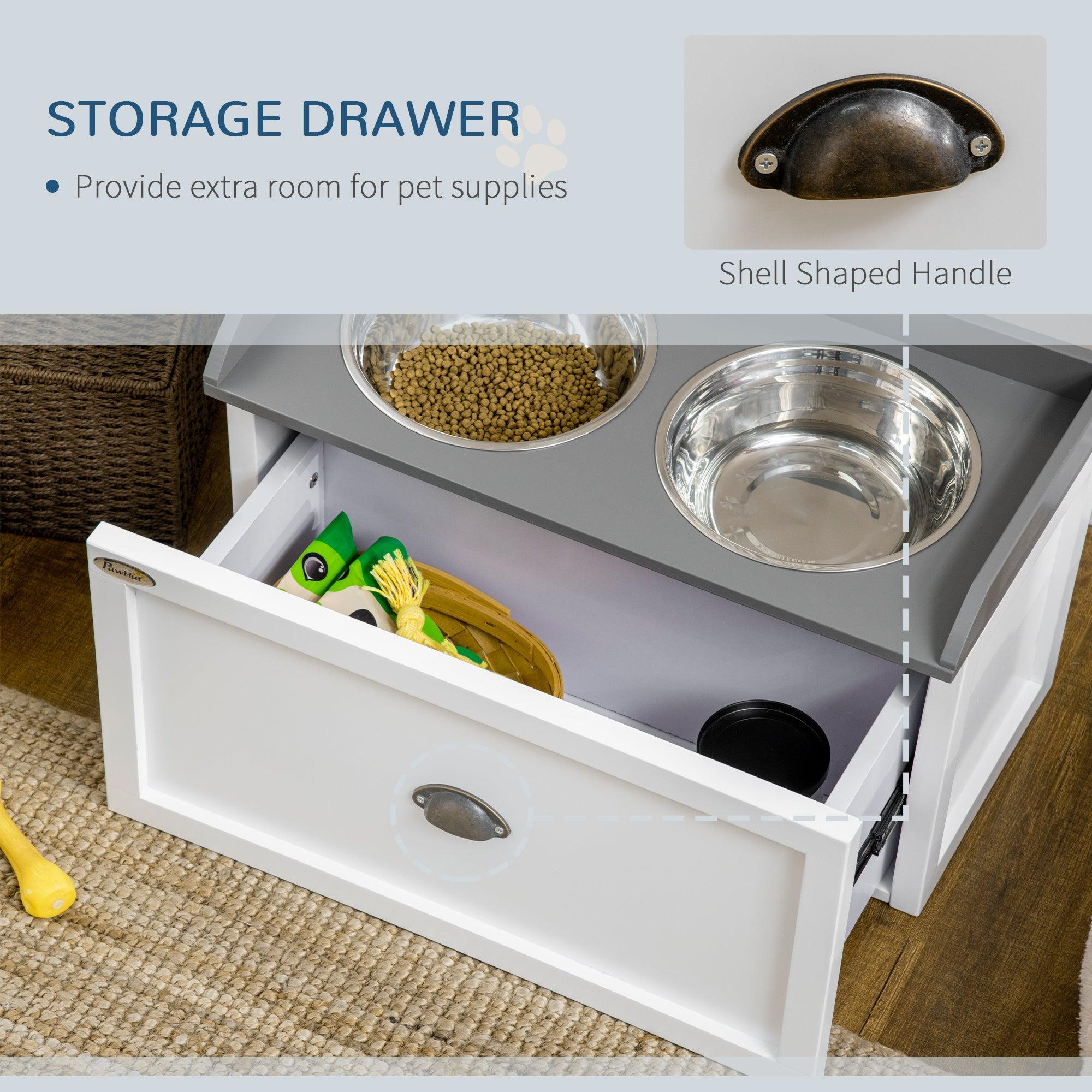 Premium Elevated Dog Feeding Station with Storage Drawer - 2 Removable Stainless Steel Bowls for Large Dogs - White Pet Food Storage Cabinet - Perfect for Kitchen, Laundry Room or Mudroom Organization