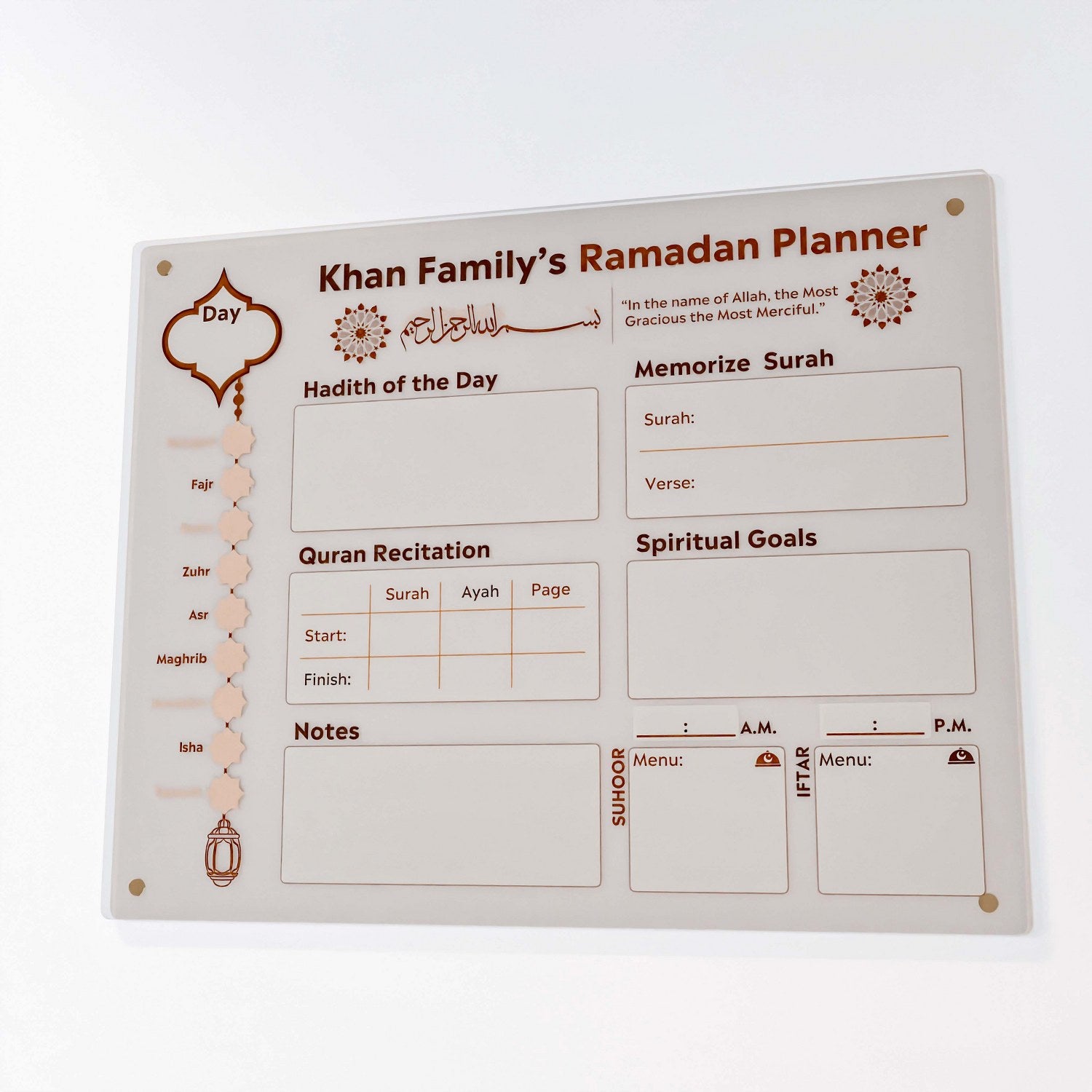 Custom Ramadan Family Planner with Personalized Names - Islamic Art Acrylic Board for Home Decor & Gift Giving During Holy Month