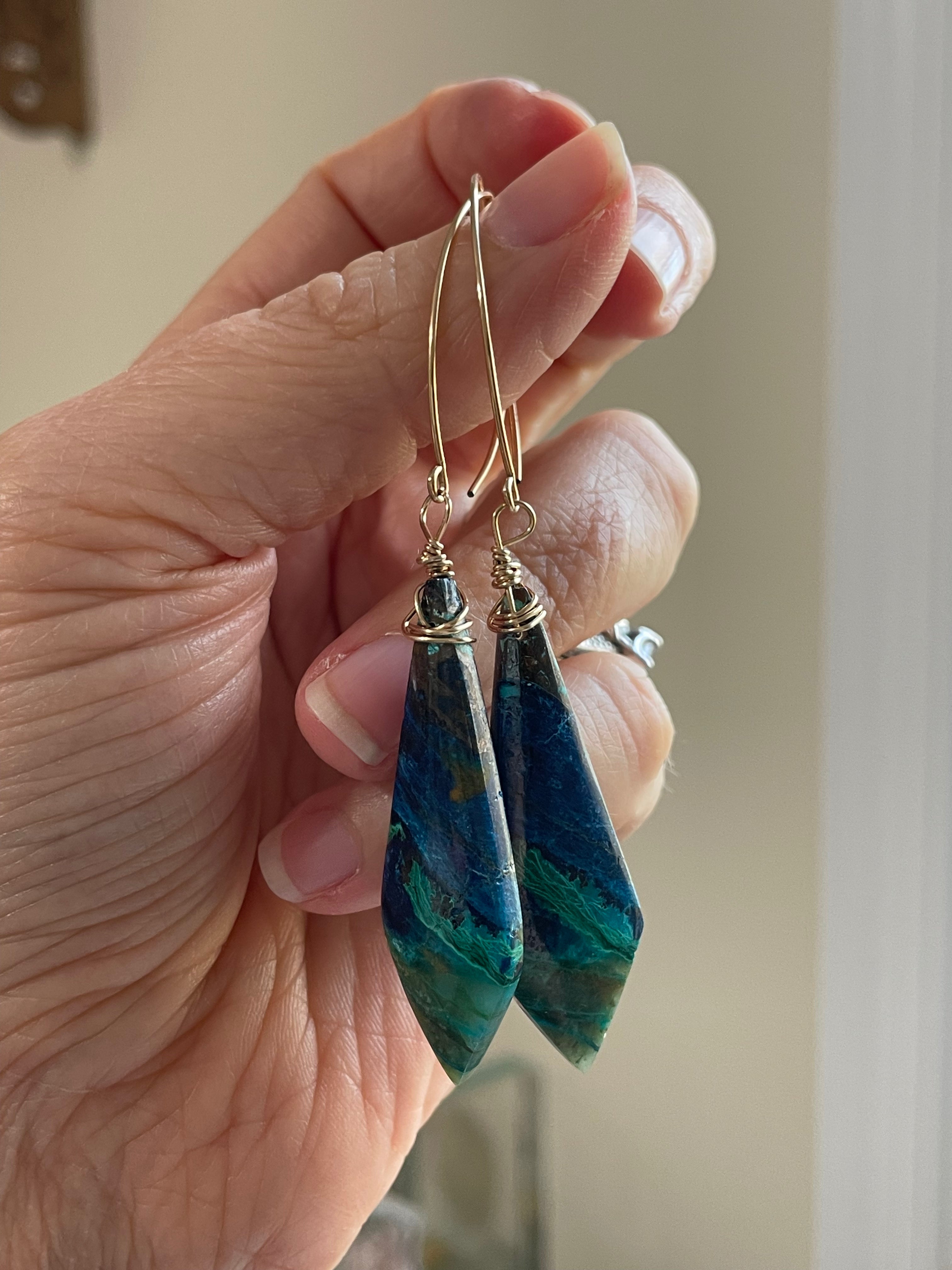 Chrysocolla Gold Filled Statement Crystal Gemstone Earrings for Women | Elegant Bohemian Jewelry for Parties, Weddings & Special Occasions