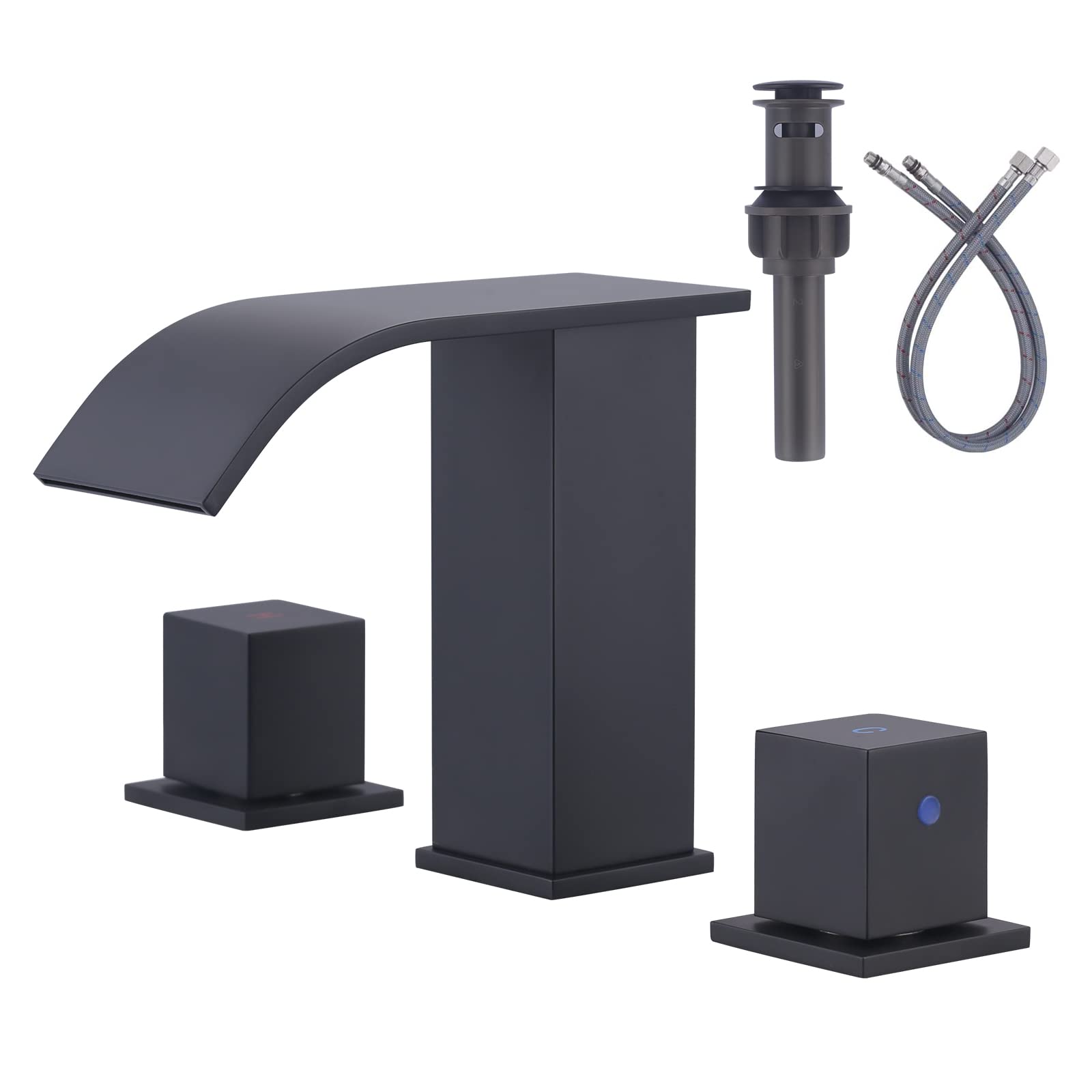 ARCORA 8 Inch Widespread Bathroom Faucet - Matte Black Modern 2 Handle Bathroom Sink Faucet with Pop Up Drain & cUPC Supply Lines | 3 Hole Waterfall Bathroom Faucet for Vanity, Powder Room & Guest Bath