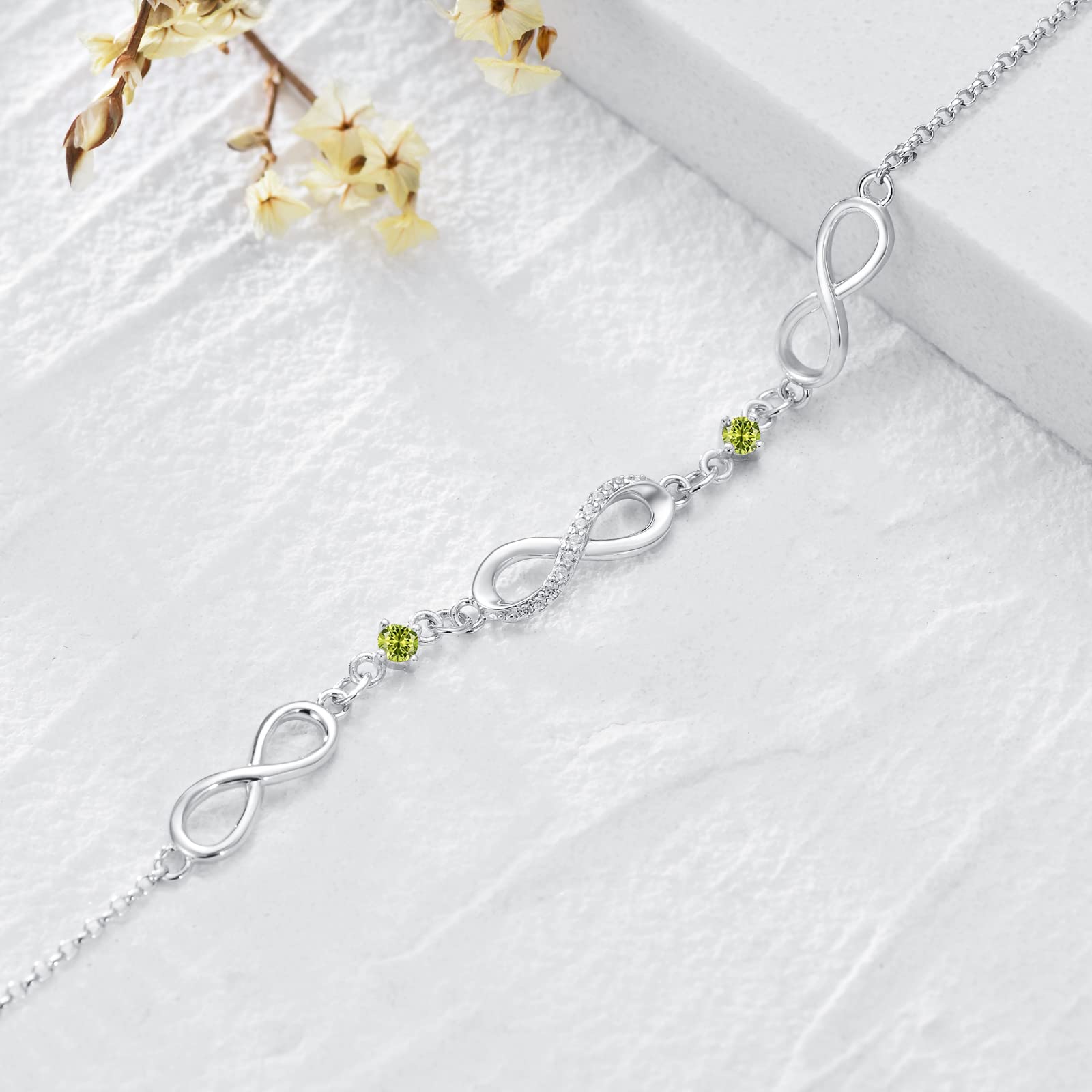 Infinity Bracelet for Women - 925 Sterling Silver Adjustable Birthstone Charm Link Bracelet - Christmas, Birthday, Anniversary Gift for Wife, Mom, Her - Perfect for Everyday Wear, Special Occasions & Gifting