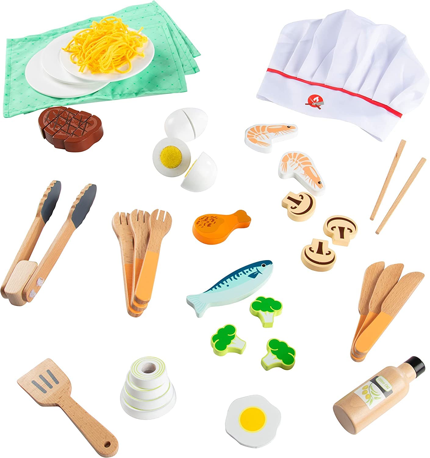 **Premium Hibachi Grill Wooden Kids Playset with Stools, Table Settings & 25+ Toy Food Pieces - Noodles, Tongs, Meats, Veggies - Complete Pretend Play Kitchen for Little Chefs - Indoor Japanese Restaurant Stand for Imaginative Play & Role-Playing Fun**
