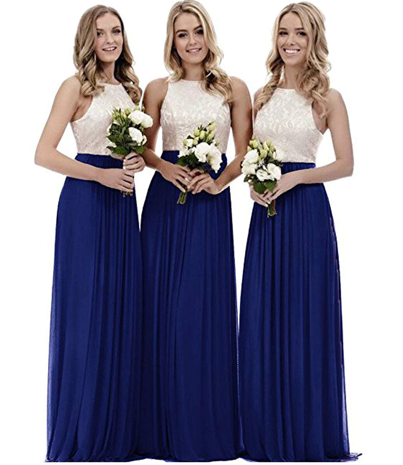 Elegant Royal Blue Chiffon Halter Lace Bridesmaid Dress for Women - Long Formal Wedding Party Gown Size 16 | Perfect for Bridesmaids, Evening Galas, and Special Occasions